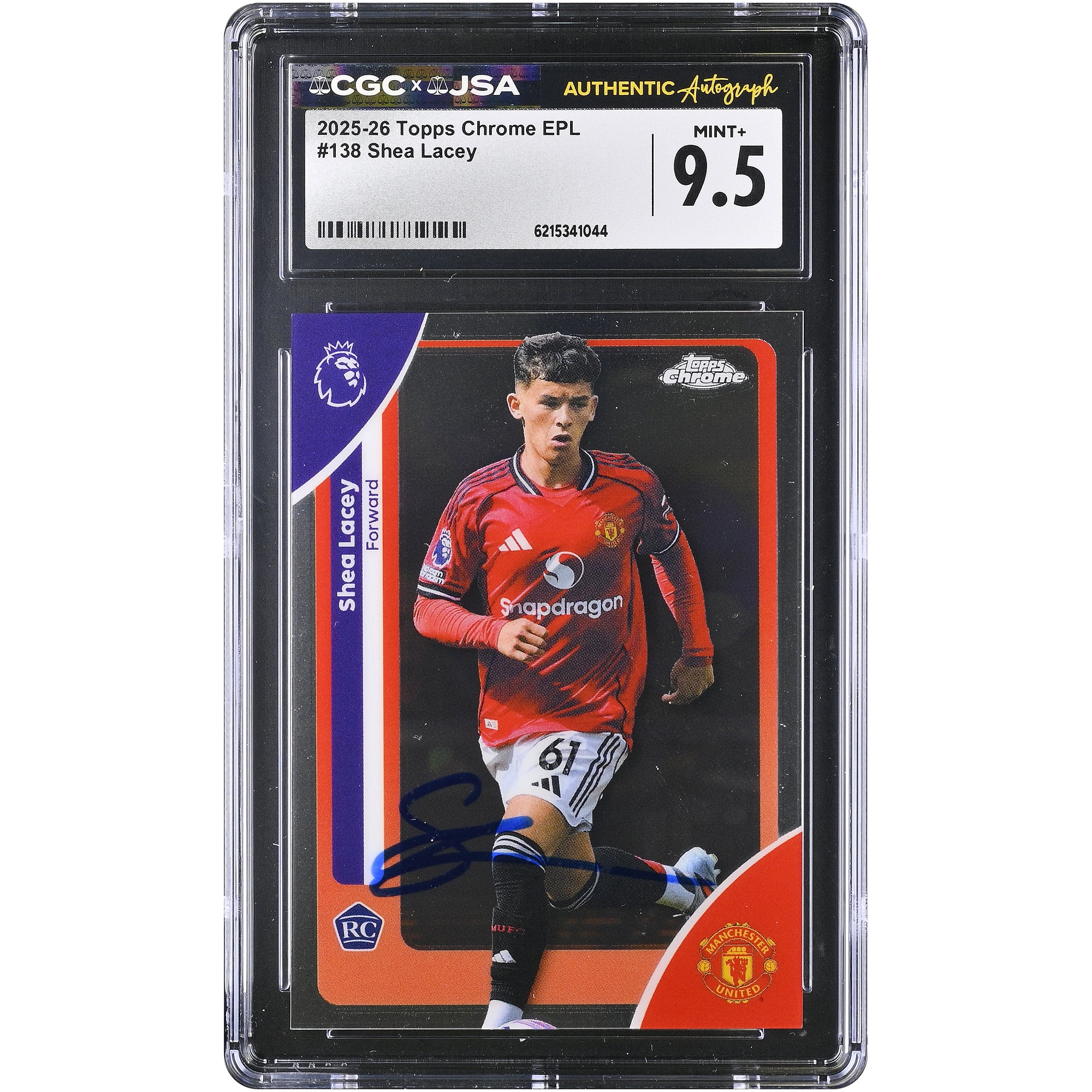 Carte de recrue Shea Lacey (Manchester United) autographiée, Topps Chrome EPL 2025-26, n° 138, authentifiée CGC, état neuf+ (9,5).