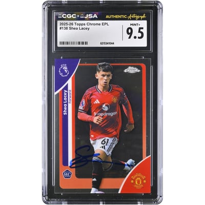 Carte de recrue Shea Lacey (Manchester United) autographiée, Topps Chrome EPL 2025-26, n° 138, authentifiée CGC, état neuf+ (9,5).