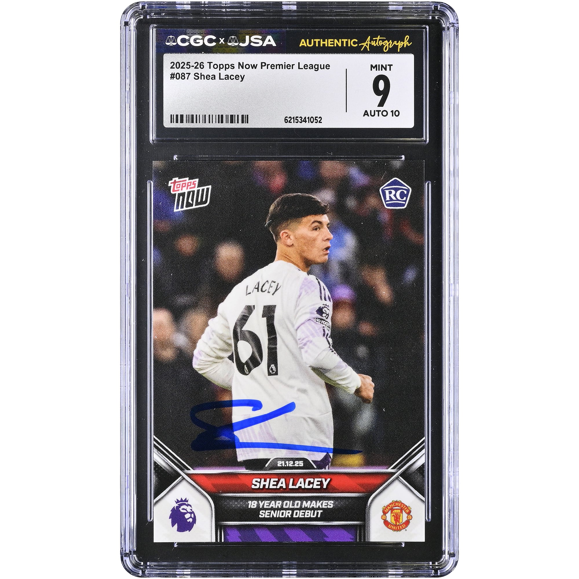 Carte de recrue autographiée de Shea Lacey (Manchester United), Topps Now Premier League 2025-26, n° 87, authentifiée CGC 9/10