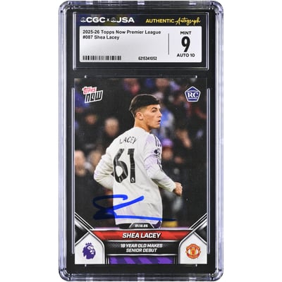 Carte de recrue autographiée de Shea Lacey (Manchester United), Topps Now Premier League 2025-26, n° 87, authentifiée CGC 9/10