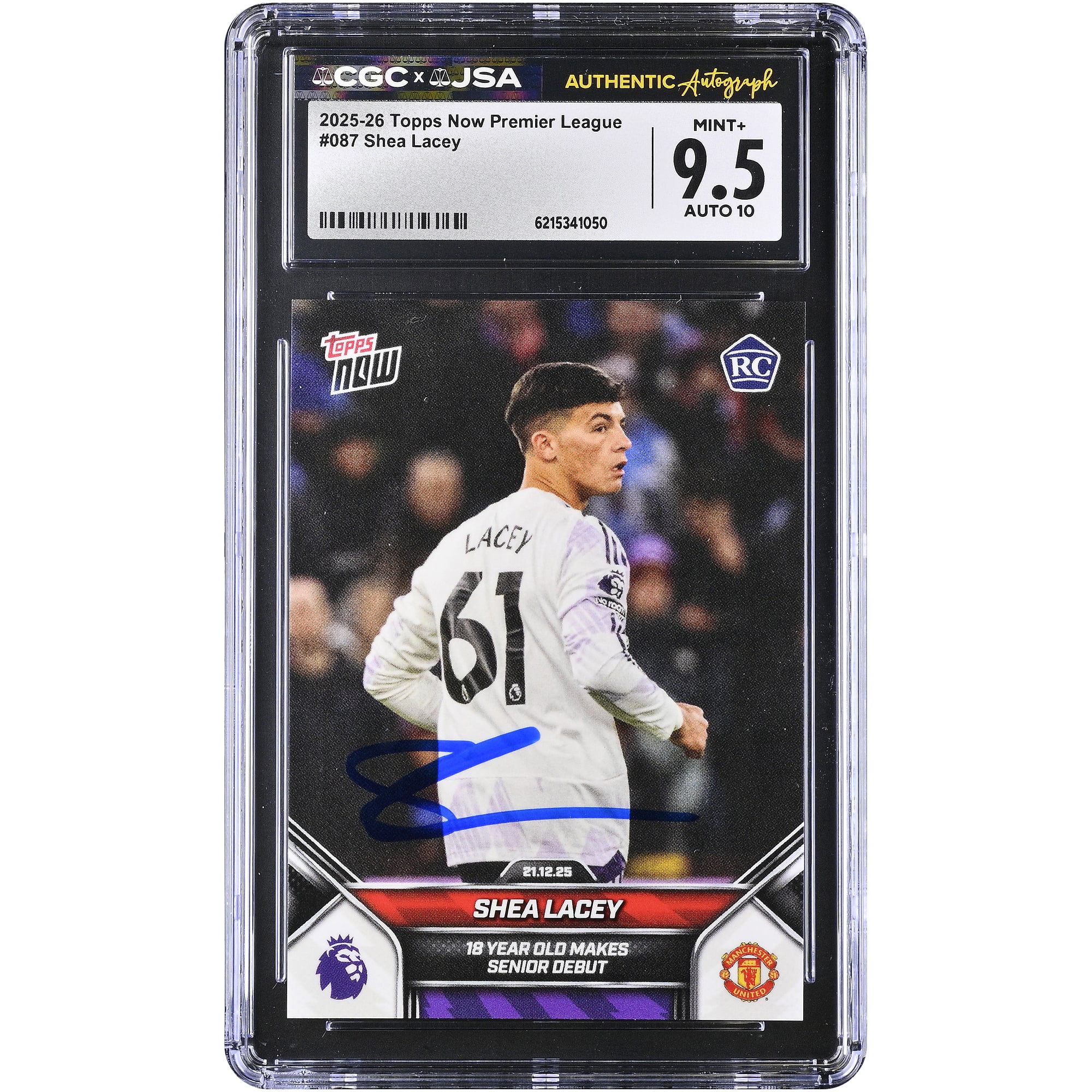 Carte de recrue autographiée de Shea Lacey (Manchester United), Topps Now Premier League 2025-26, n° 87, authentifiée CGC 9,5/10