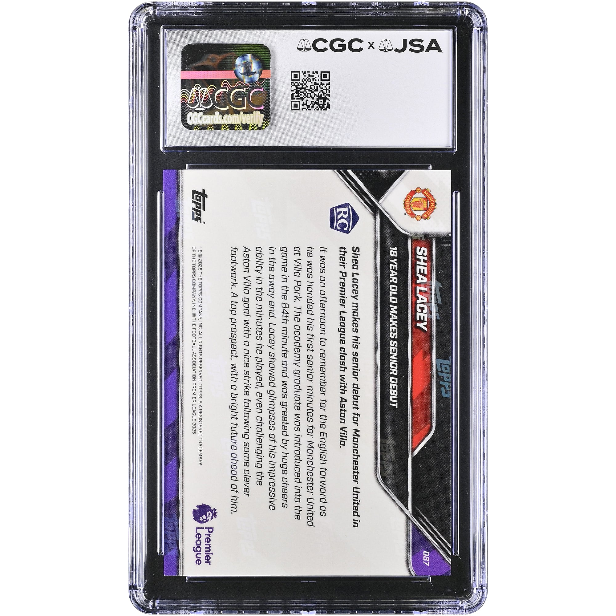 Carte de recrue autographiée de Shea Lacey (Manchester United), Topps Now Premier League 2025-26, n° 87, authentifiée CGC 9,5/10