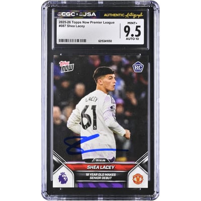 Carte de recrue autographiée de Shea Lacey (Manchester United), Topps Now Premier League 2025-26, n° 87, authentifiée CGC 9,5/10