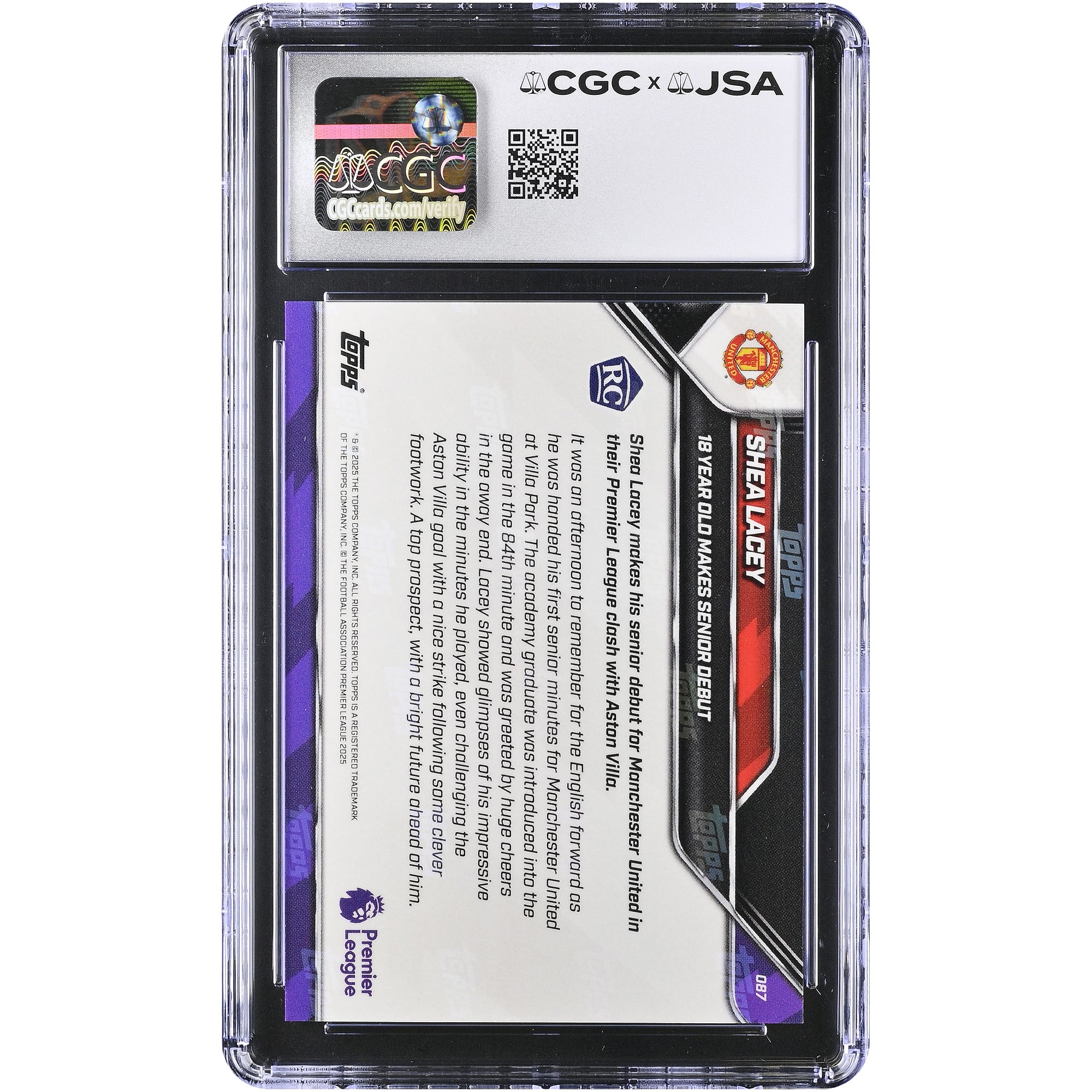Carte de recrue Shea Lacey (Manchester United) autographiée, Topps Now Premier League 2025-26, n° 87, authentifiée CGC AUTO 10