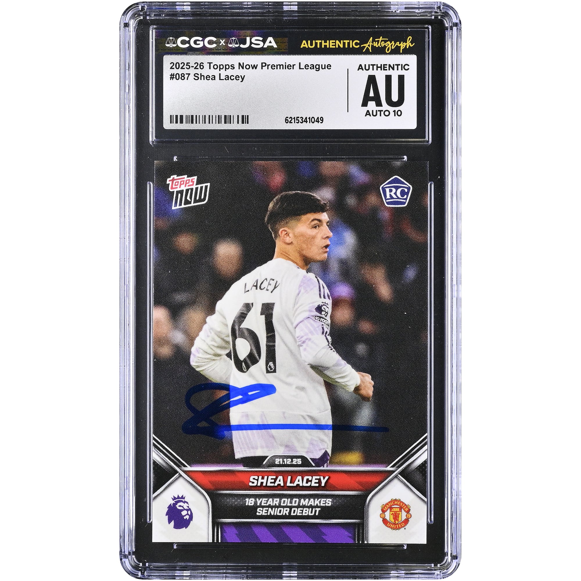 Carte de recrue Shea Lacey (Manchester United) autographiée, Topps Now Premier League 2025-26, n° 87, authentifiée CGC AUTO 10
