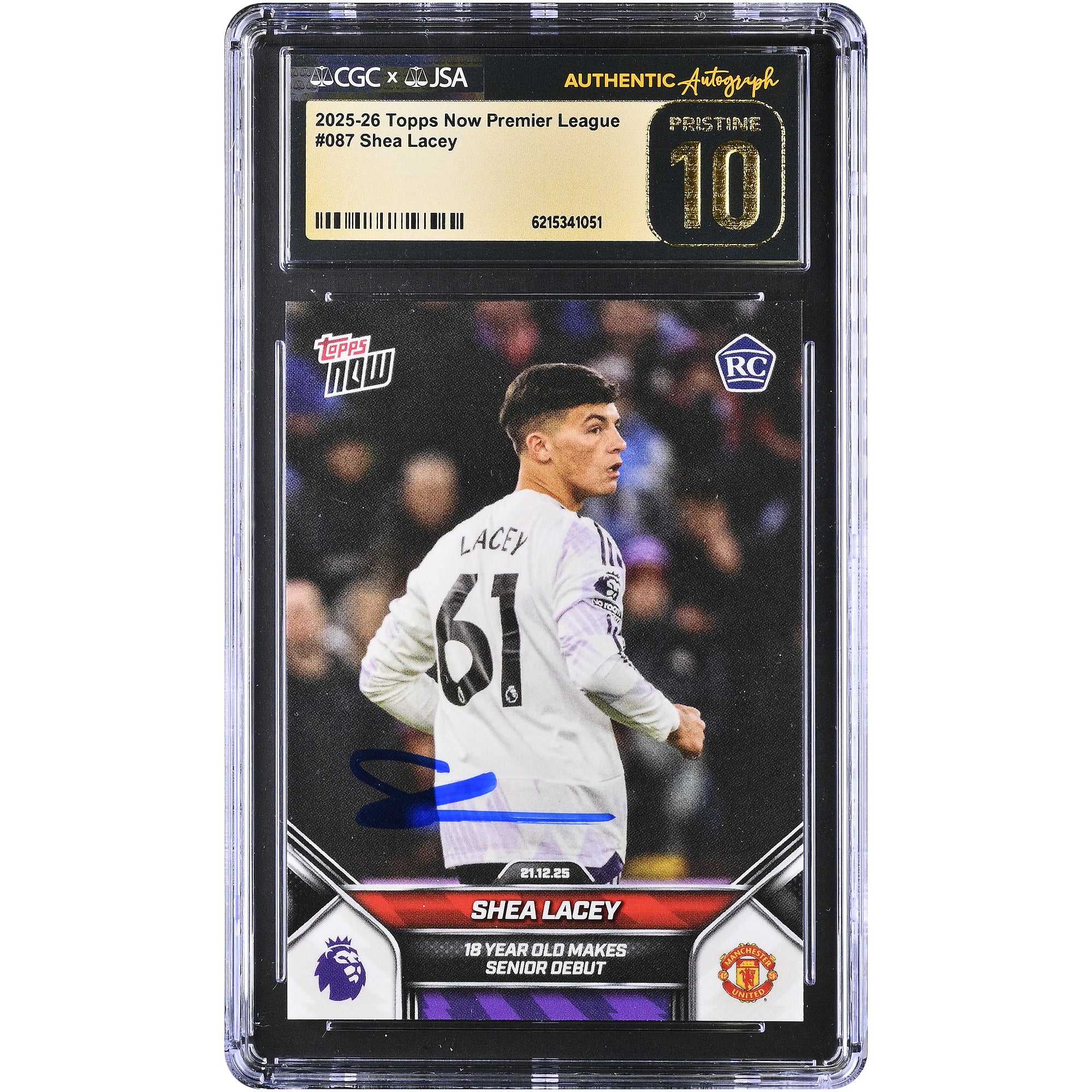 Carte de recrue Shea Lacey (Manchester United) autographiée, Topps Now Premier League 2025-26, n° 87, authentifiée CGC, état PRISTINE 10