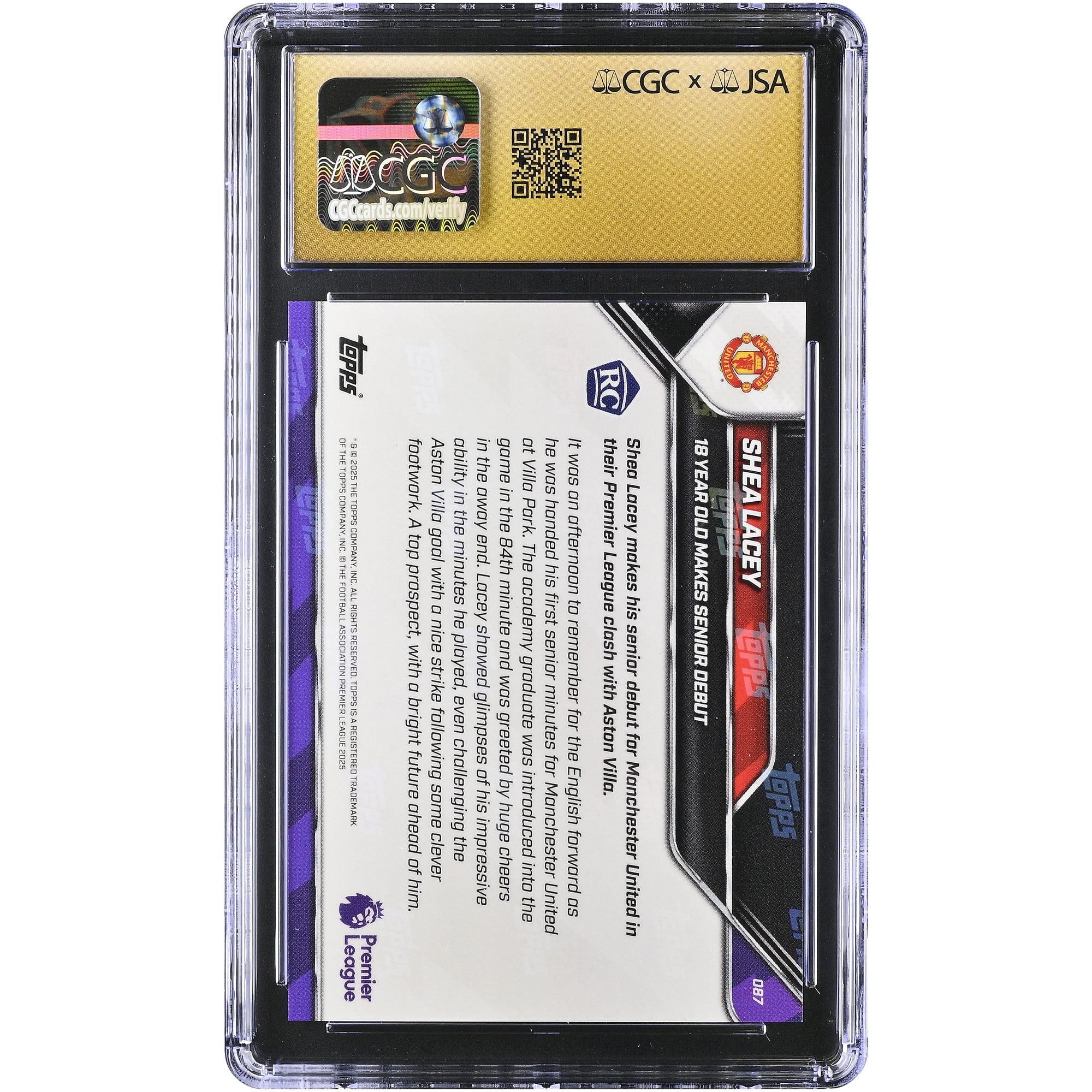 Carte de recrue Shea Lacey (Manchester United) autographiée, Topps Now Premier League 2025-26, n° 87, authentifiée CGC, état PRISTINE 10