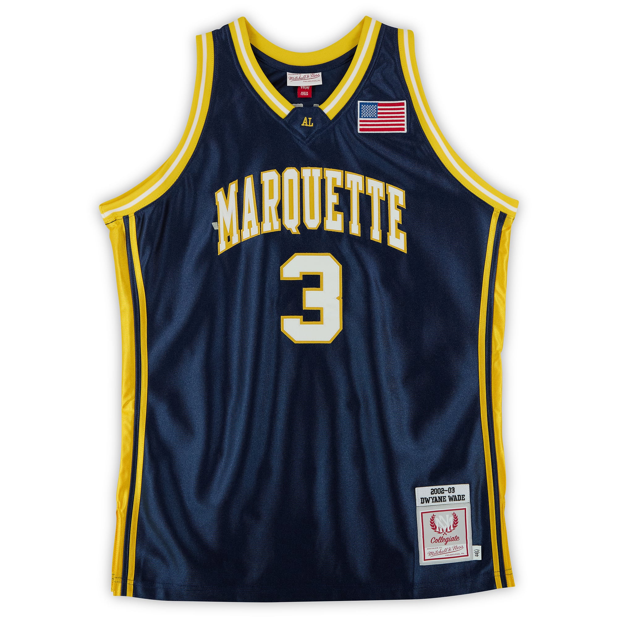 Maillot authentique Mitchell & Ness bleu marine 2002, autographié par Dwyane Wade (Marquette Golden Eagles), avec inscription « Flash » - Édition limitée n° 1/10
