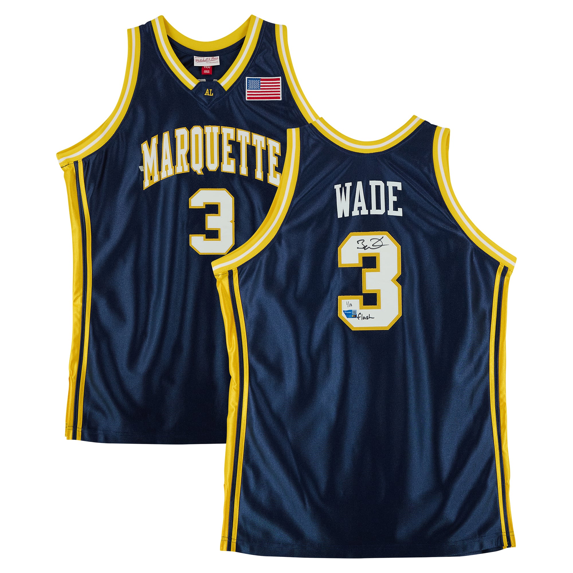Maillot authentique Mitchell & Ness bleu marine 2002, autographié par Dwyane Wade (Marquette Golden Eagles), avec inscription « Flash » - Édition limitée n° 1/10
