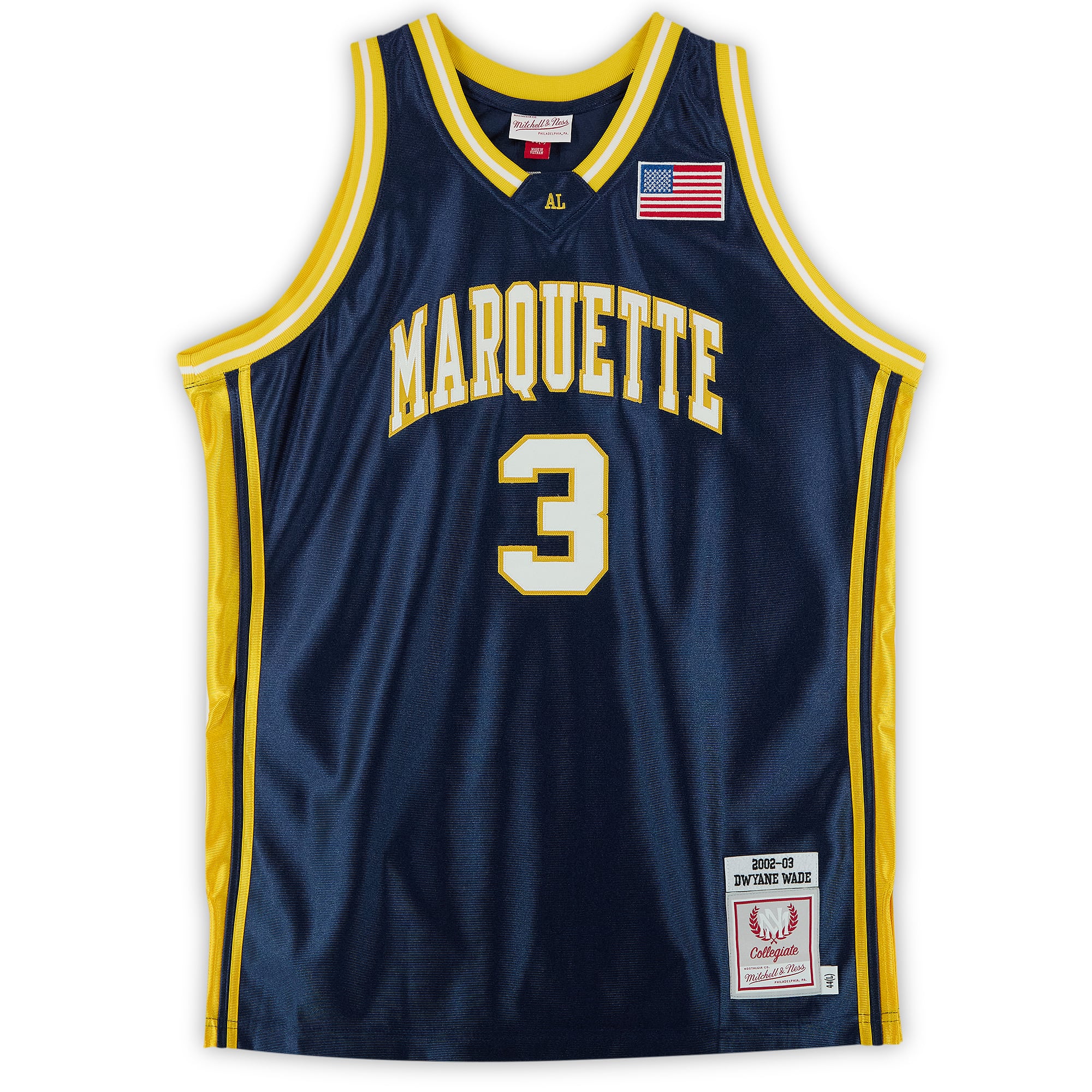 Maillot authentique Mitchell & Ness bleu marine 2002, autographié par Dwyane Wade des Marquette Golden Eagles, avec inscription « Flash » - Édition limitée n° 10/10