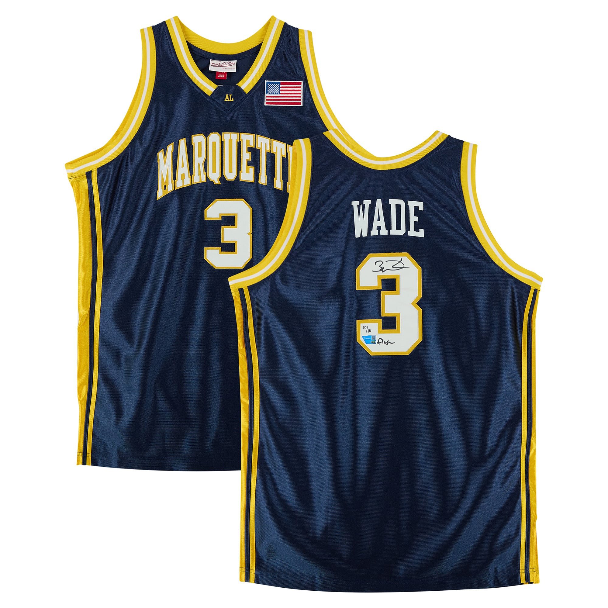 Maillot authentique Mitchell & Ness bleu marine 2002, autographié par Dwyane Wade des Marquette Golden Eagles, avec inscription « Flash » - Édition limitée n° 10/10