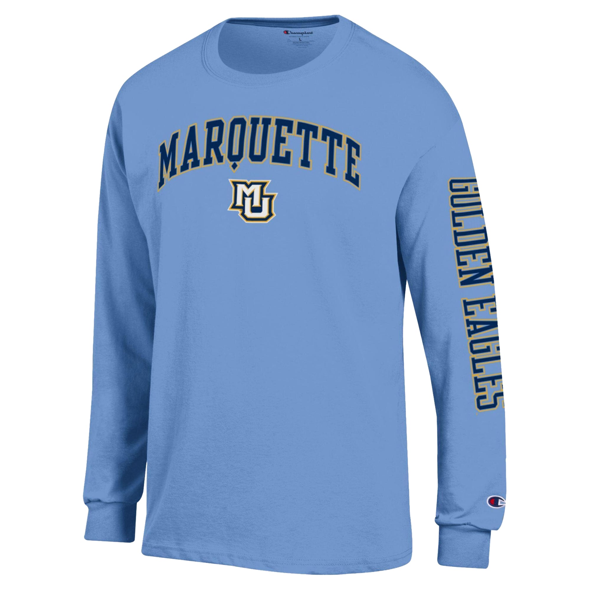T-shirt à manches longues pour homme Champion bleu clair Marquette Golden Eagles avec logo en forme d'arche