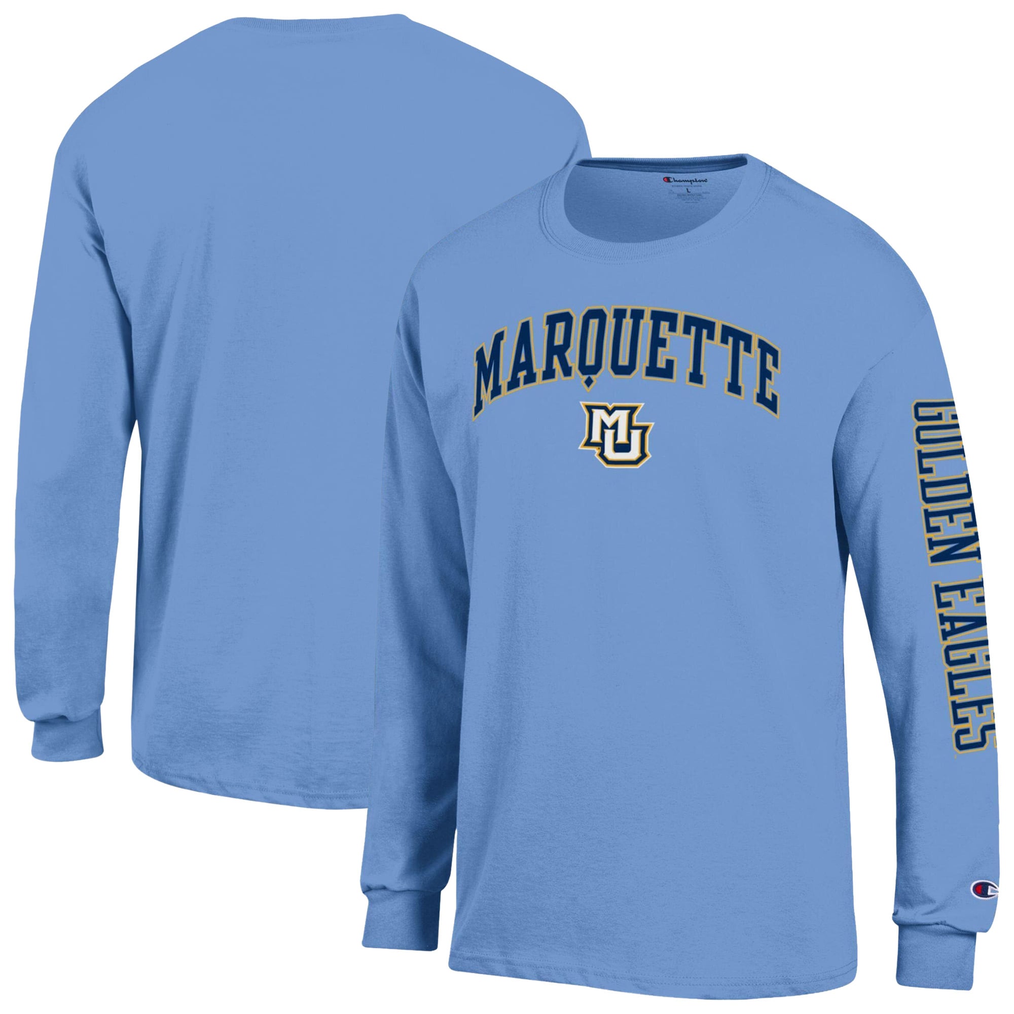T-shirt à manches longues pour homme Champion bleu clair Marquette Golden Eagles avec logo en forme d'arche