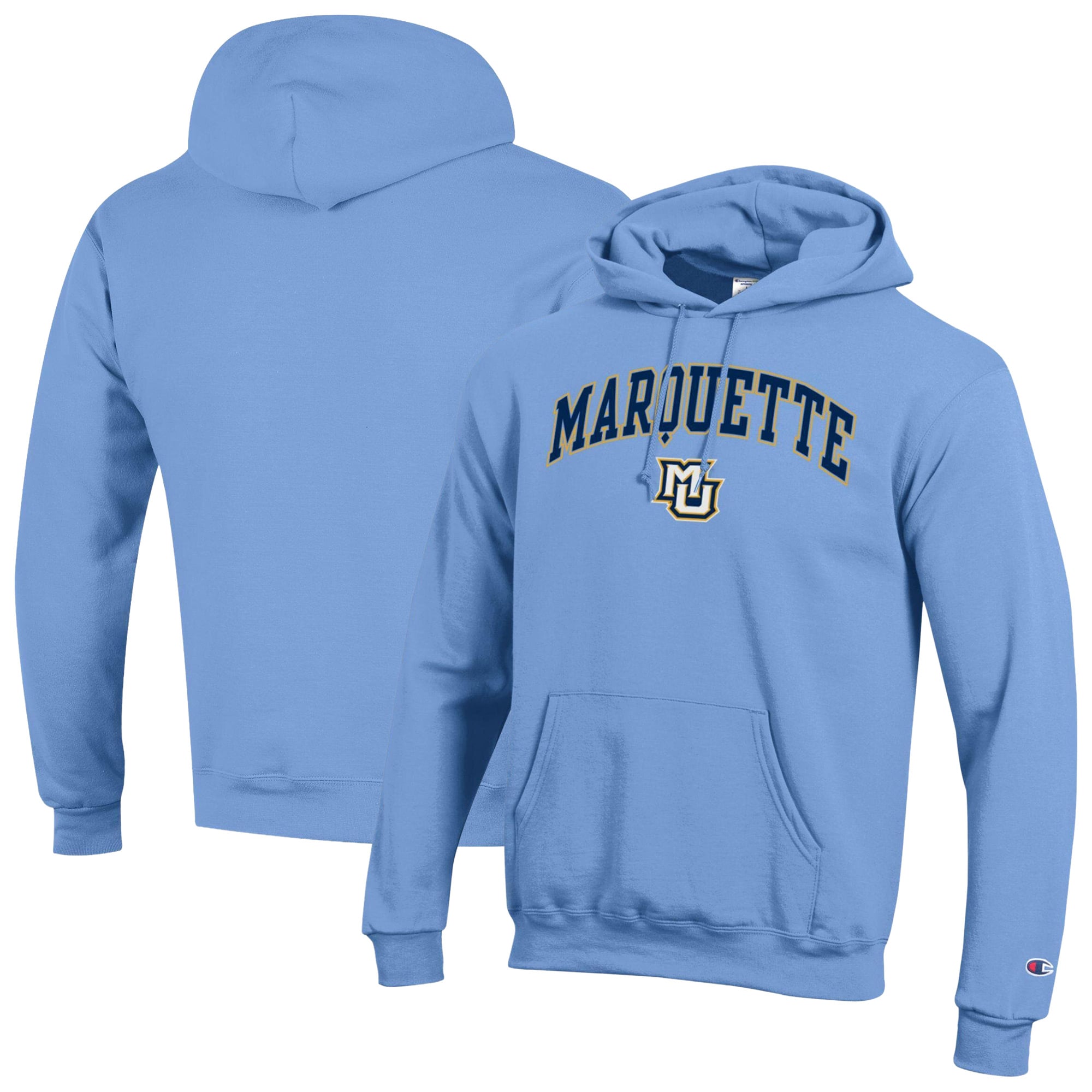 Sweat à capuche Champion Powerblend bleu clair pour homme, modèle Marquette Golden Eagles.