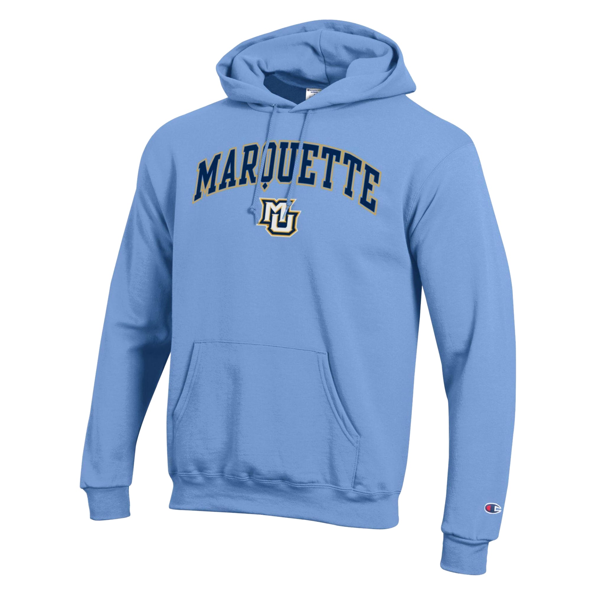 Sweat à capuche Champion Powerblend bleu clair pour homme, modèle Marquette Golden Eagles.