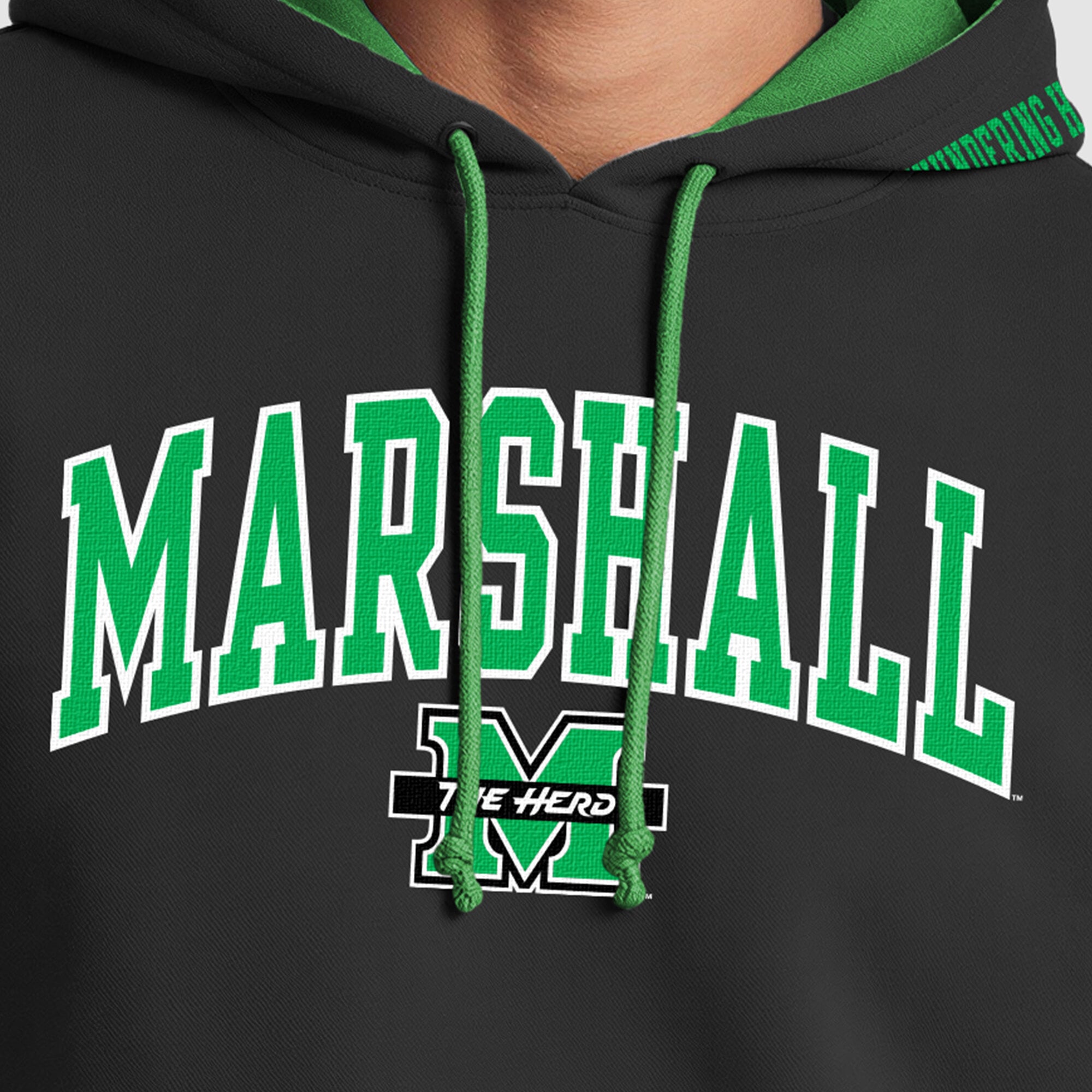 Men's Champion Black/Green Marshall Thundering Herd Contrast Hoodie