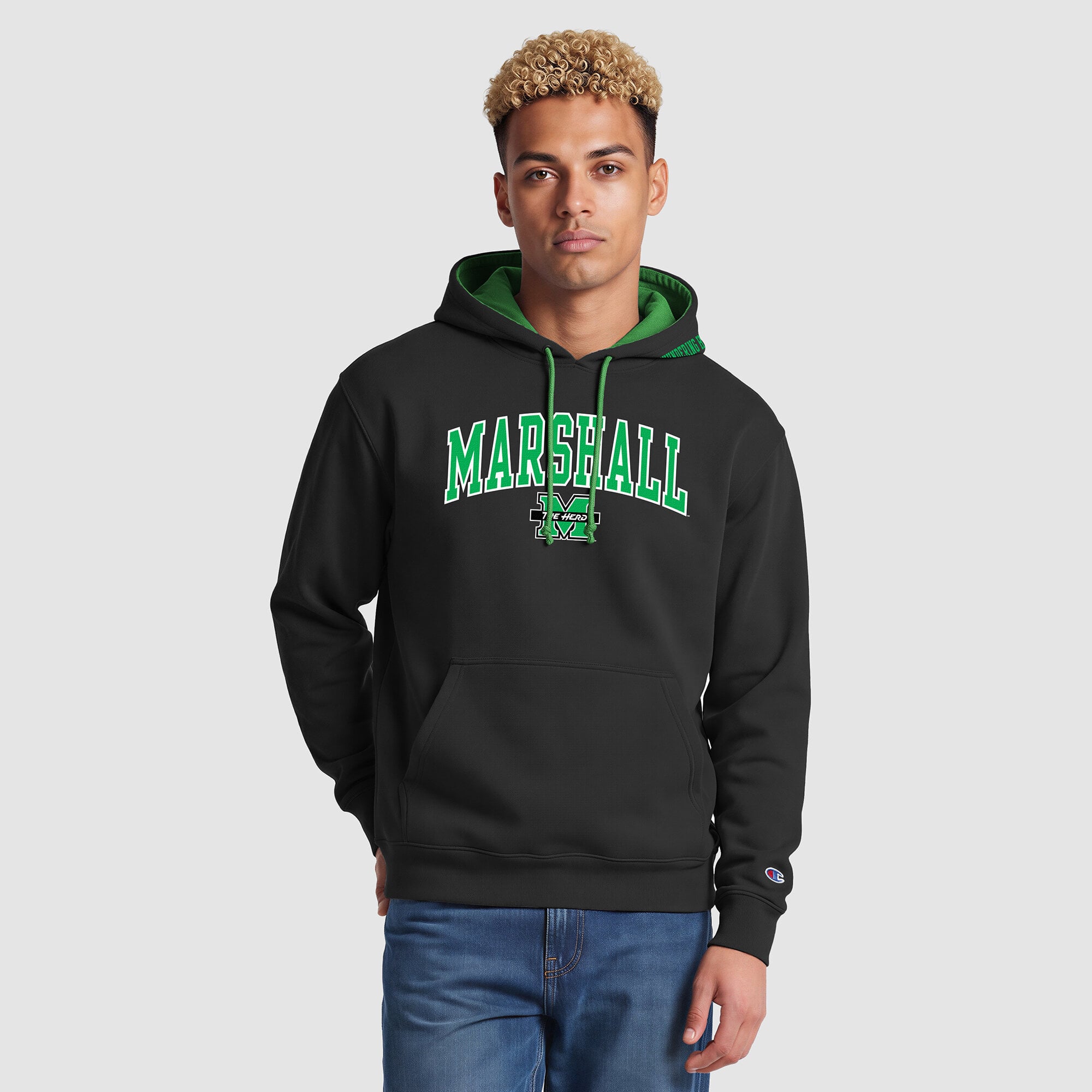 Men's Champion Black/Green Marshall Thundering Herd Contrast Hoodie
