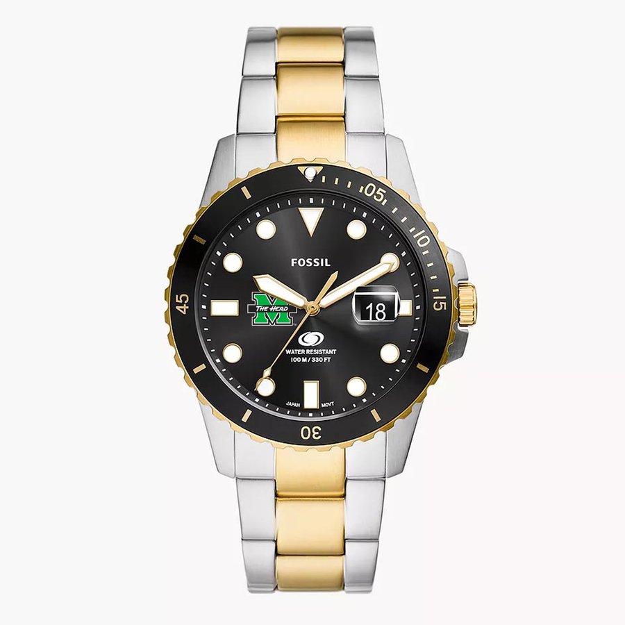 Men's Fossil Silver Marshall Thundering Herd Blue Dive Three-Hand Date ...