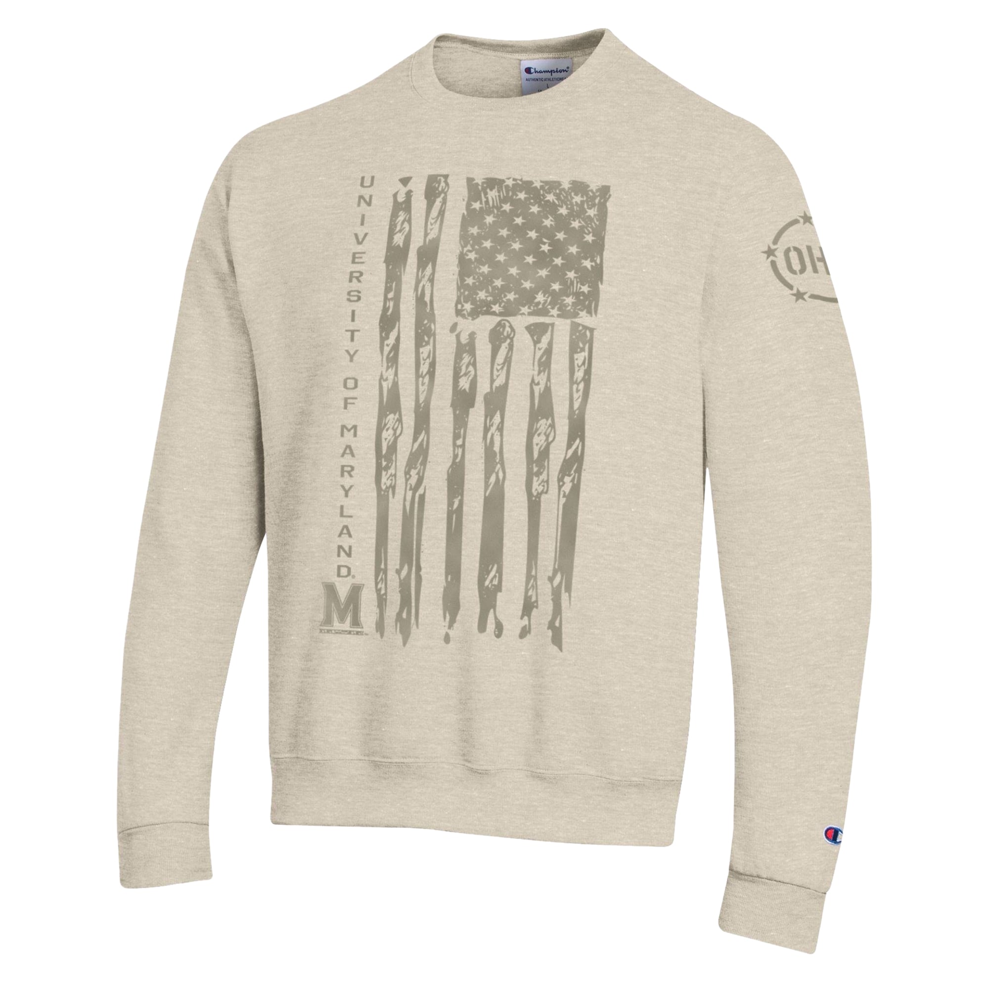 Men's Champion Oatmeal Maryland Terrapins Operation Hat Trick Flag Fleece Crewneck Sweatshirt