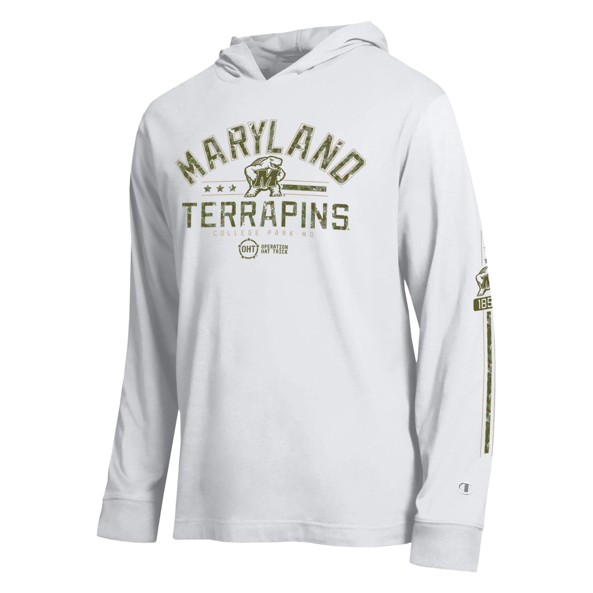 T-shirt à manches longues capuche Champion White Maryland Terrapins Operation Hat Trick pour homme