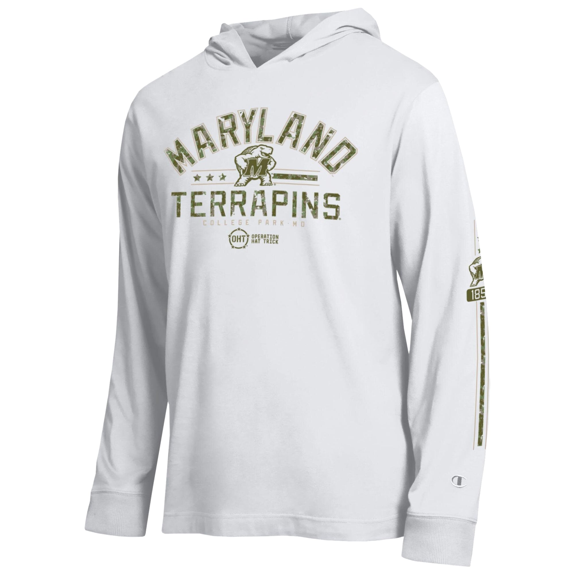 T-shirt à manches longues capuche Champion White Maryland Terrapins Operation Hat Trick pour homme