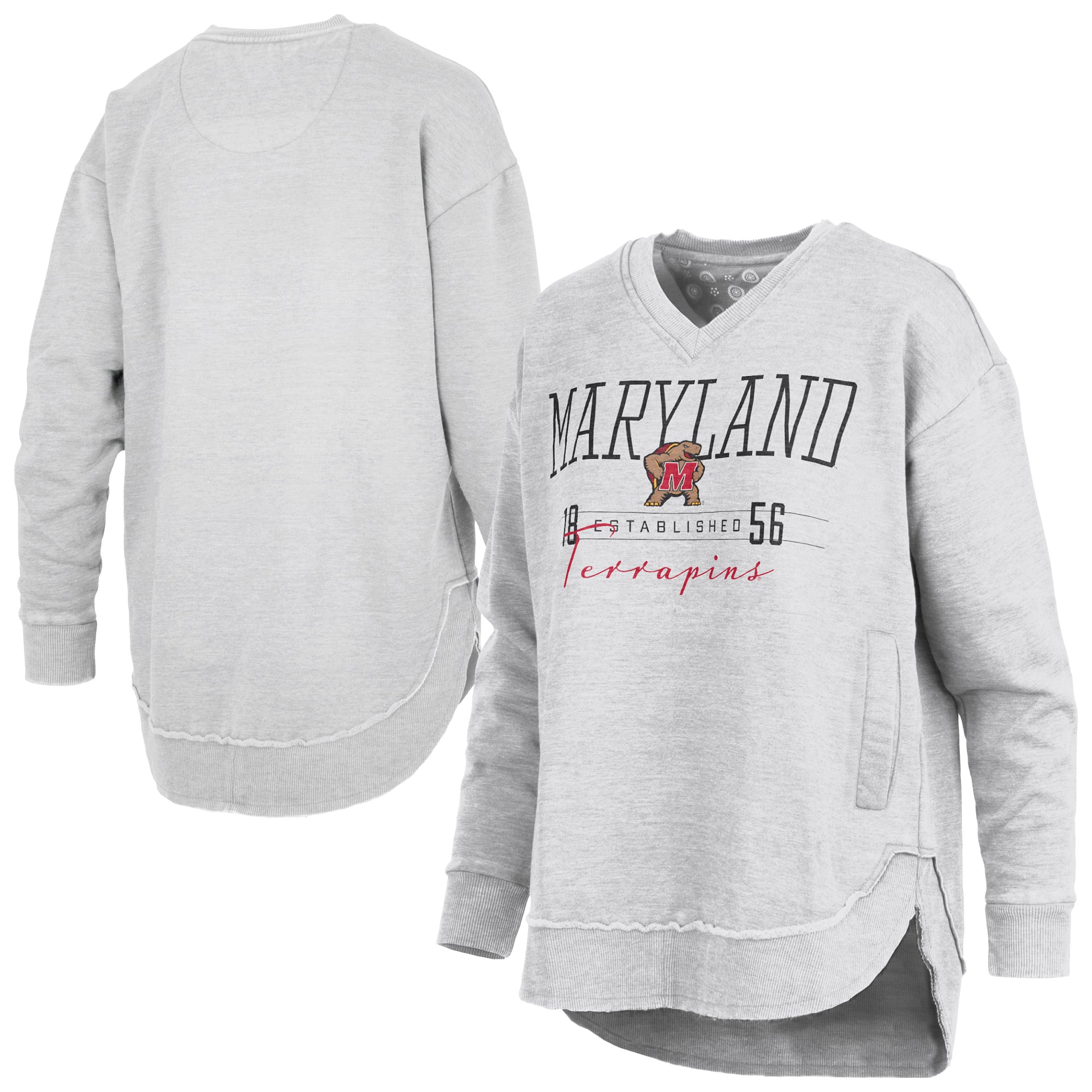 Sweat-shirt poncho à col en V pour femme Pressbox, gris chiné, Maryland Terrapins, Marcus East Hall