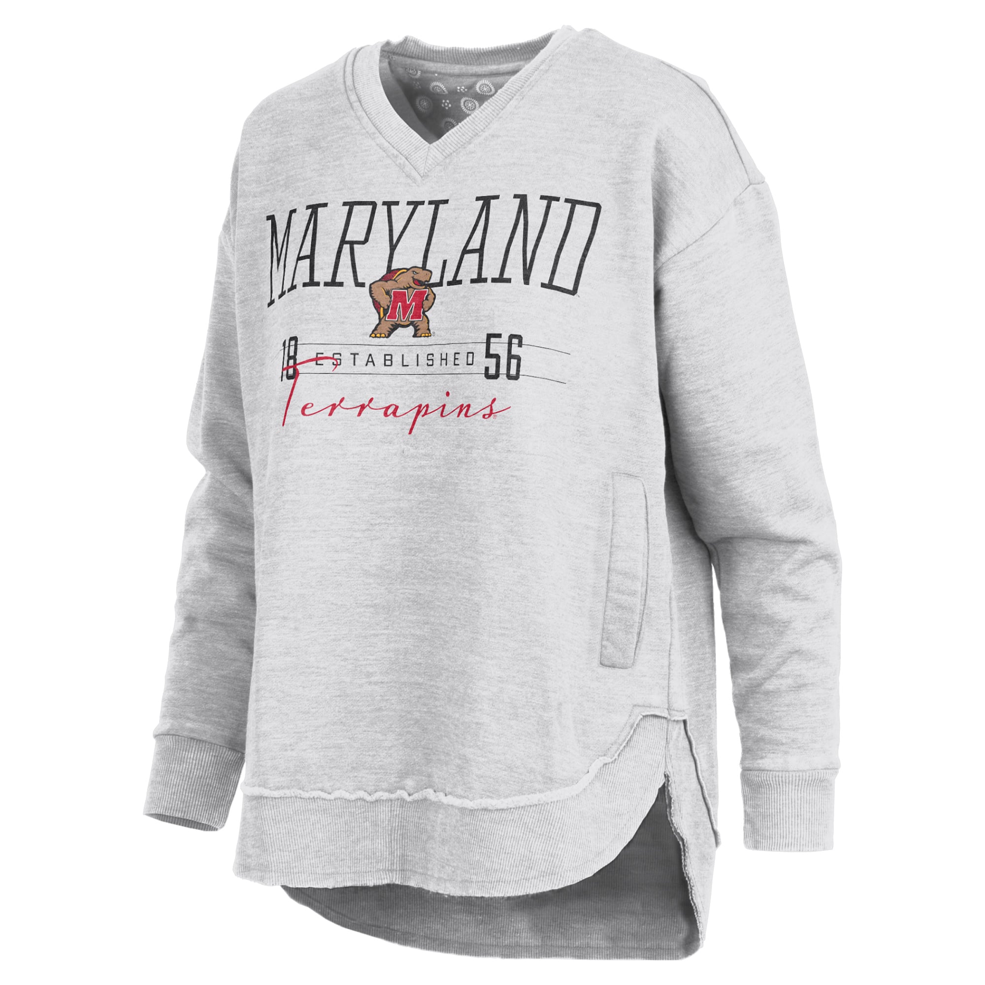Sweat-shirt poncho à col en V pour femme Pressbox, gris chiné, Maryland Terrapins, Marcus East Hall