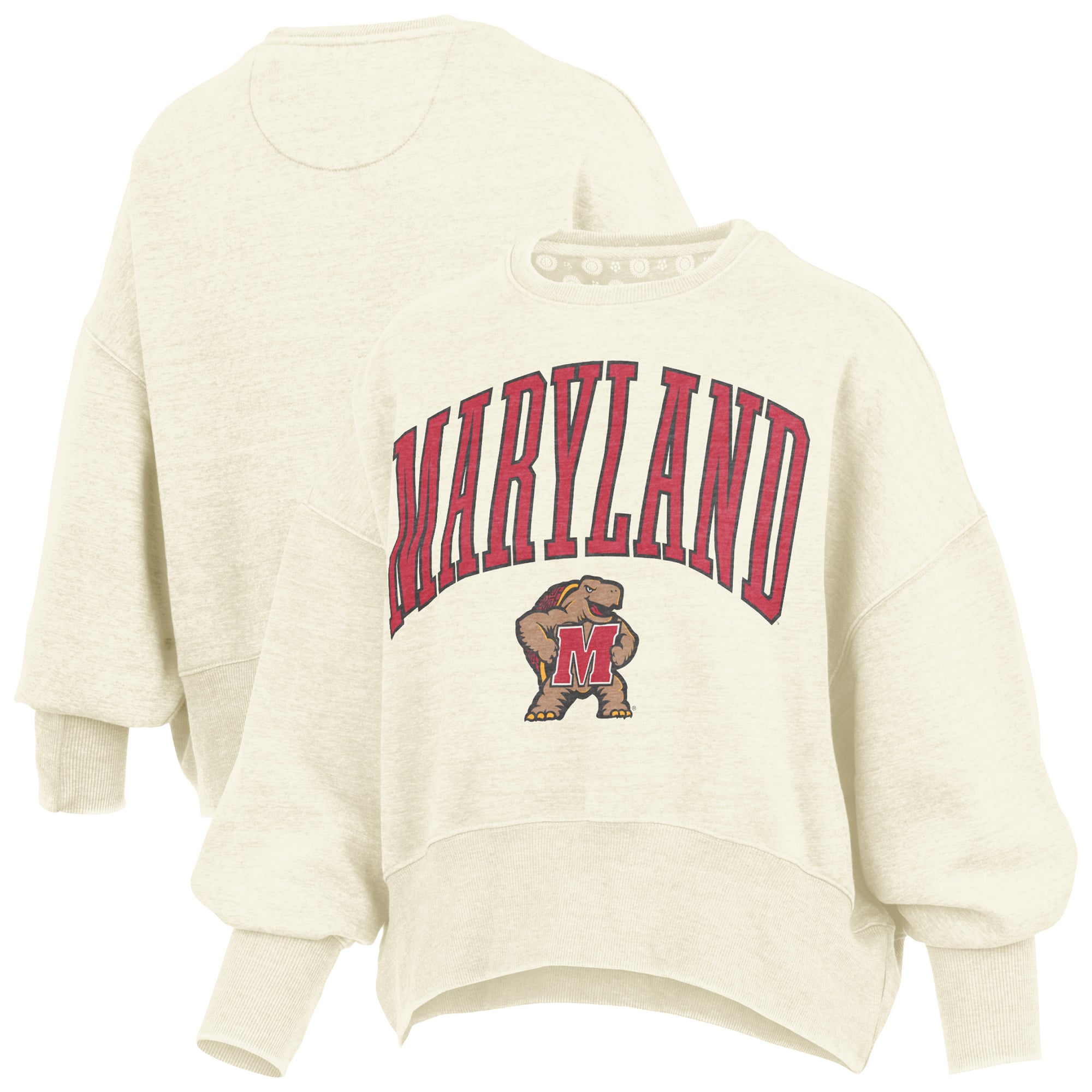 Women's Pressbox Natural Maryland Terrapins Oversized Waist-Length Crewneck Sweatshirt