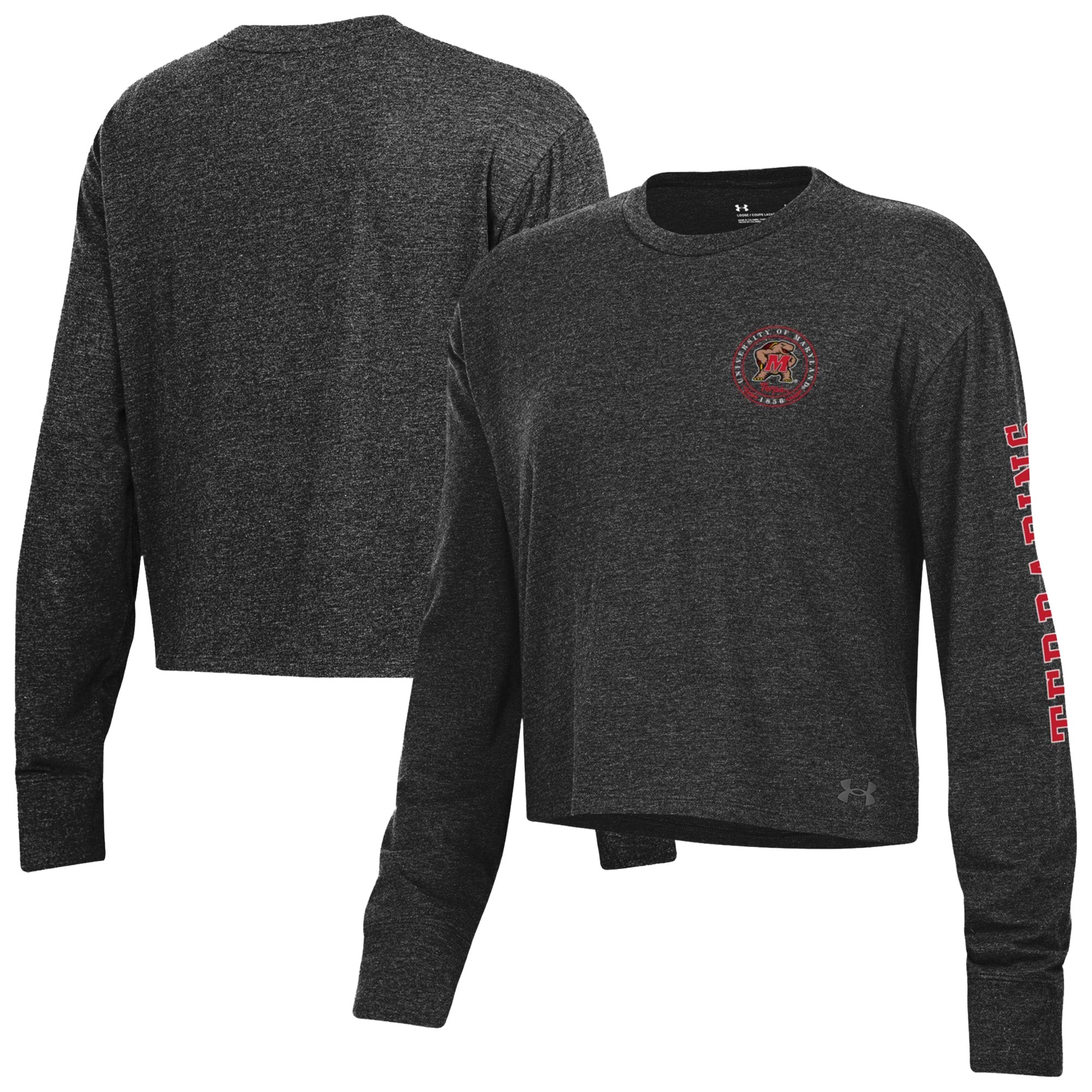 T-shirt court à manches longues Under Armour Black Maryland Terrapins Icon Sleeve Two-Hit pour femme, en mélange de trois matières.