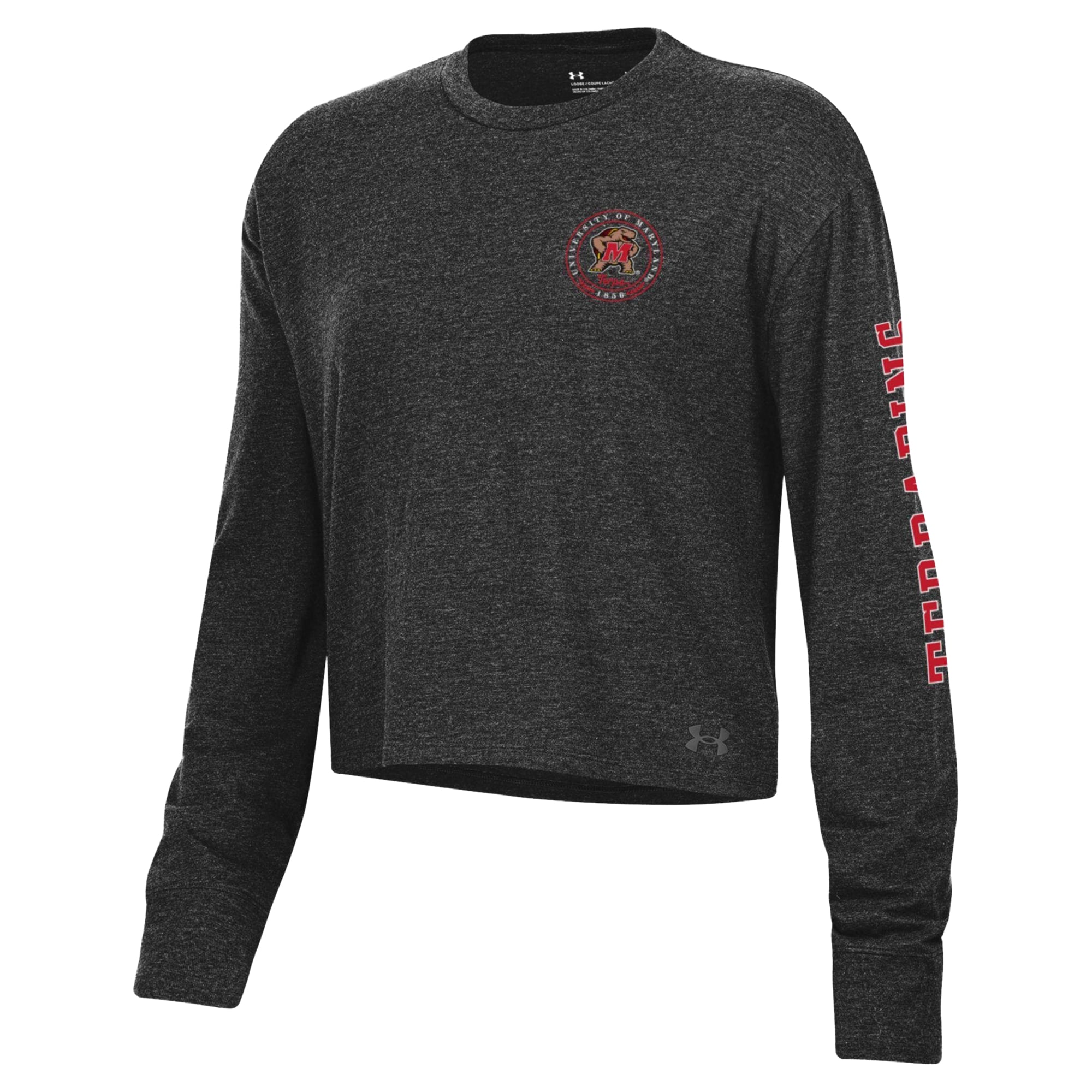 T-shirt court à manches longues Under Armour Black Maryland Terrapins Icon Sleeve Two-Hit pour femme, en mélange de trois matières.