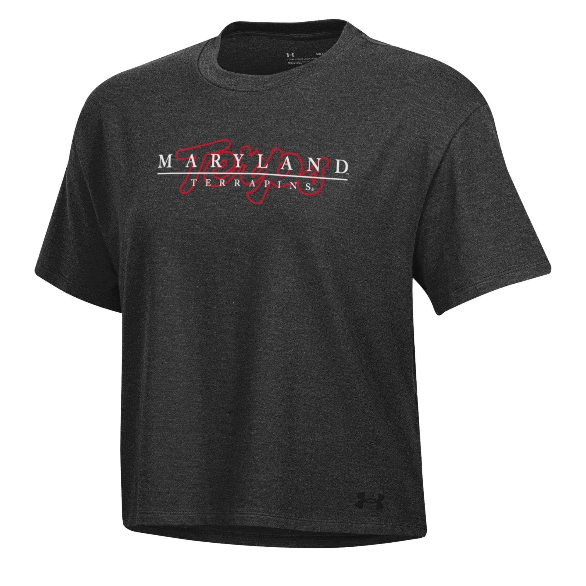 T-shirt Under Armour Boxy Icon noir chiné pour femme, motif Maryland Terrapins