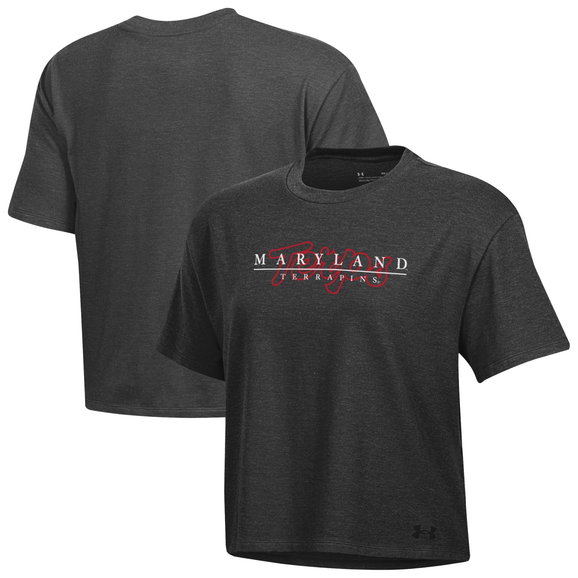 T-shirt Under Armour Boxy Icon noir chiné pour femme, motif Maryland Terrapins