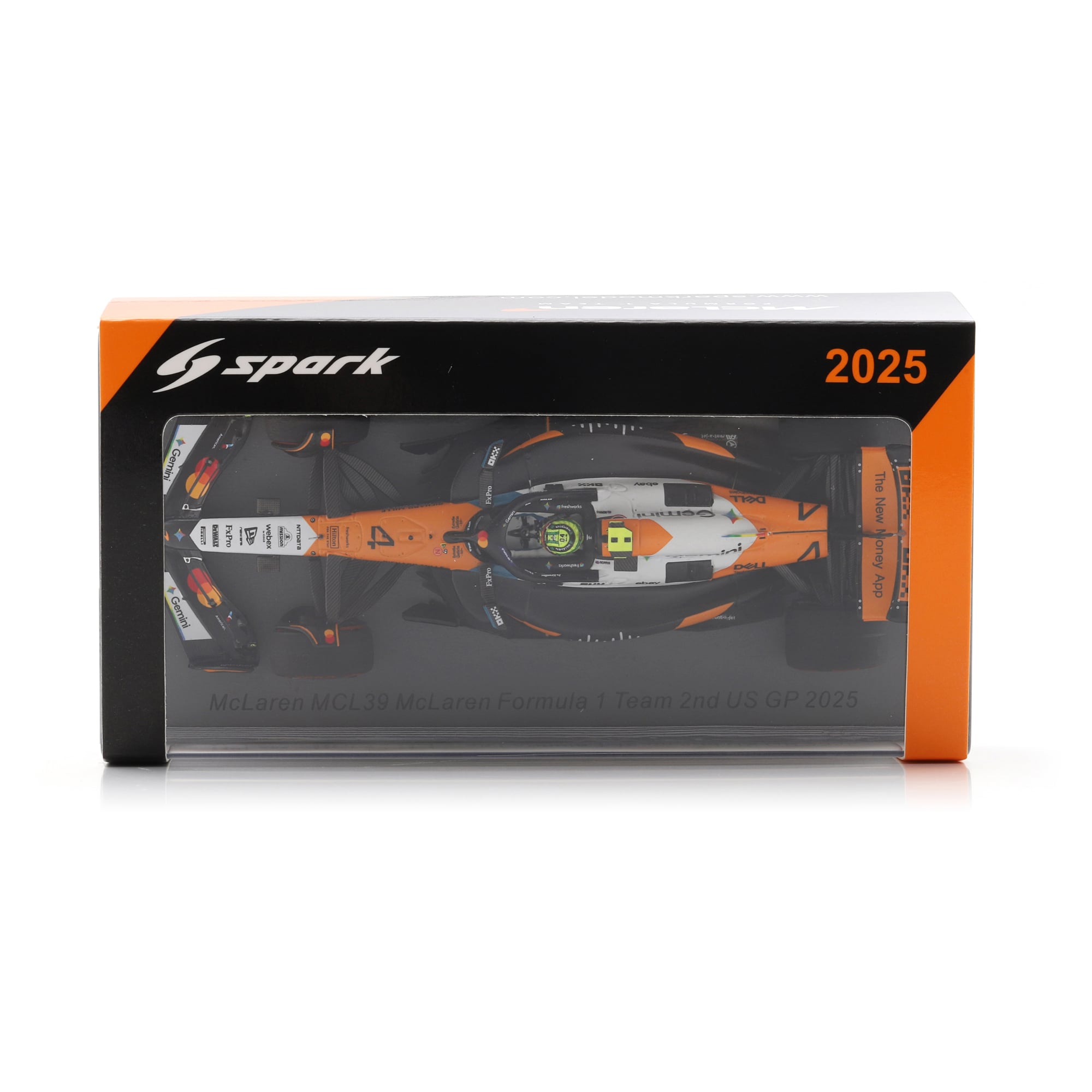 Voiture miniature Spark Models McLaren F1 Team 2025 Austin Grand Prix, n° 4, à l'échelle 1:43.
