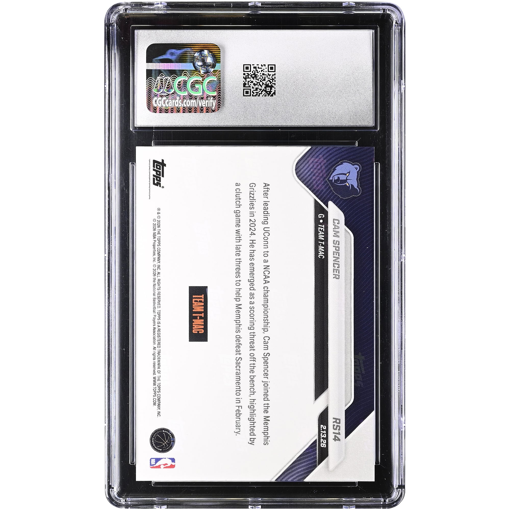 Carte Cam Spencer Memphis Grizzlies 2025-26 Topps Now Rising Stars Foil #RS14 authentifiée CGC (10 cartes)