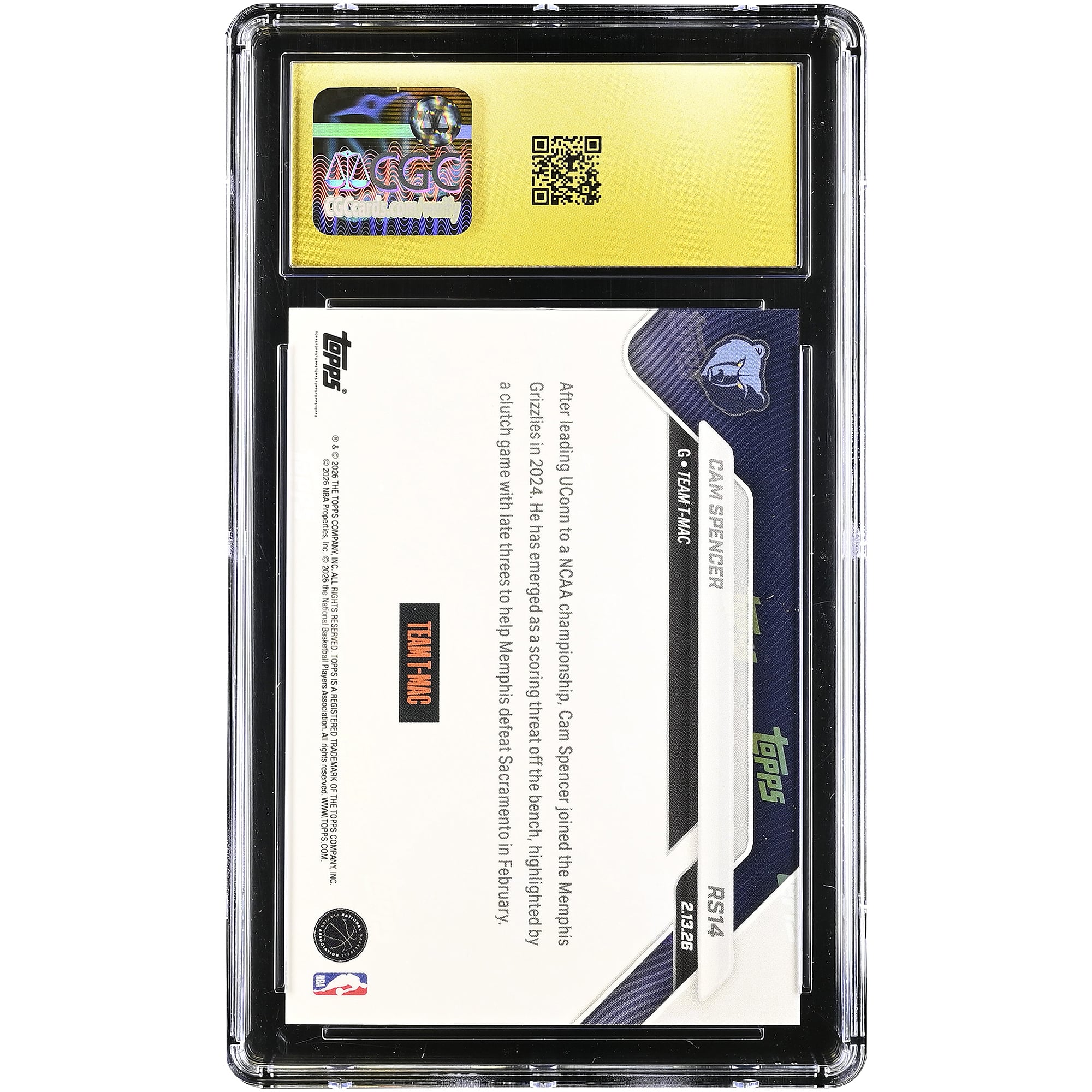 Carte Cam Spencer Memphis Grizzlies 2025-26 Topps Now Rising Stars #RS14 authentifiée CGC, état PRISTINE 10