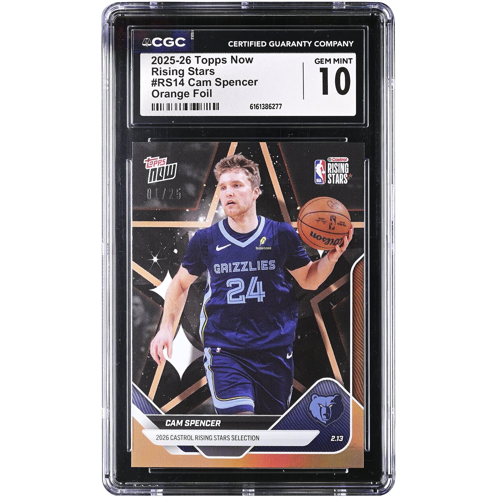 Carte Cam Spencer Memphis Grizzlies 2025-26 Topps Now Rising Stars Orange Foil #RS14 #1/25 authentifiée CGC (10 cartes)