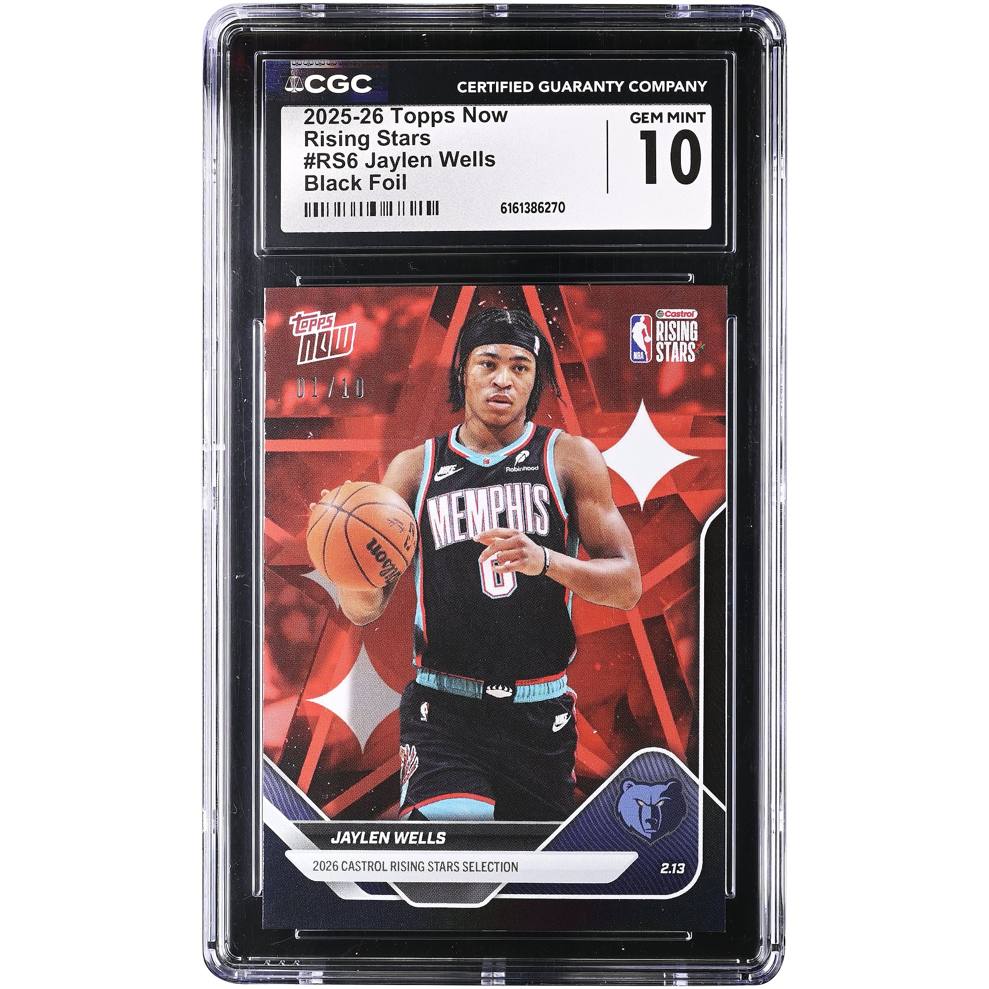 Carte Jaylen Wells Memphis Grizzlies 2025-26 Topps Now Rising Stars Black Foil #RS6 #1/10 authentifiée CGC (10 cartes)