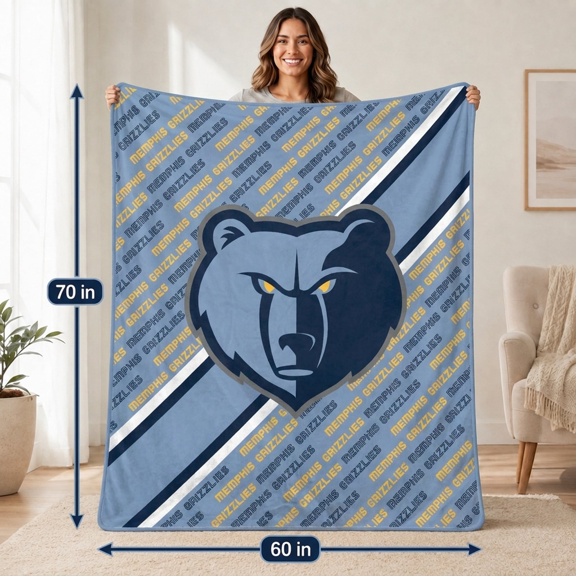 Couverture ultra douce Pegasus Memphis Grizzlies 60" x 70" (diagonale) avec logo et doublure