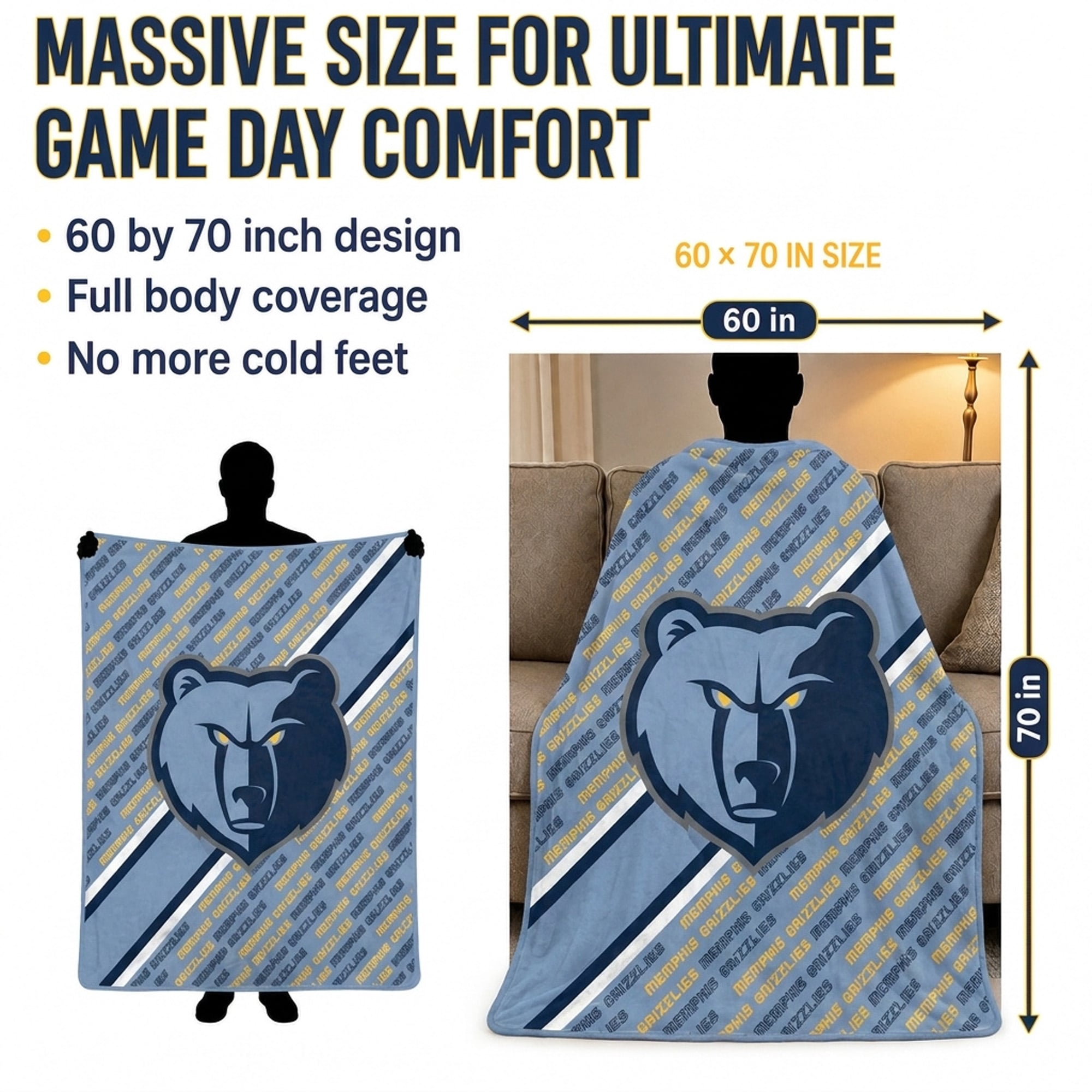 Couverture ultra douce Pegasus Memphis Grizzlies 60" x 70" (diagonale) avec logo et doublure