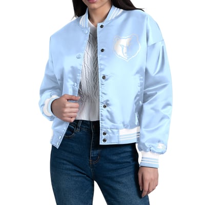 Memphis Grizzlies Starter Women's Printed Script Cropped Satin Varsity Full-Snap Jacket - Light Blue