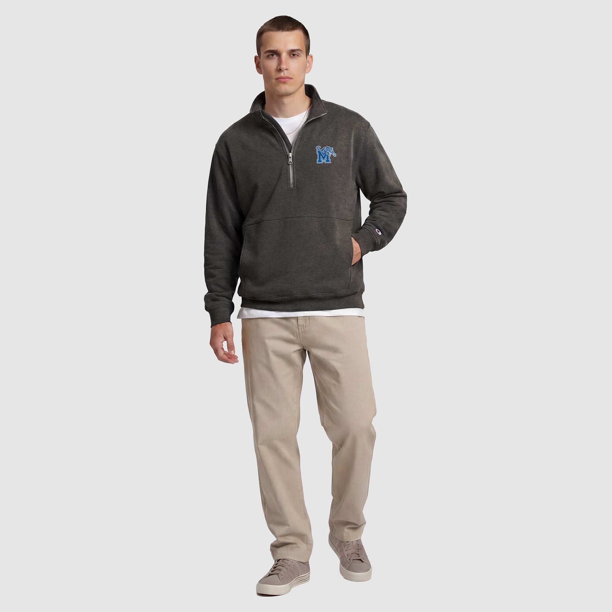 Pull polaire à col zippé Champion pour homme, gris chiné, Memphis Tigers
