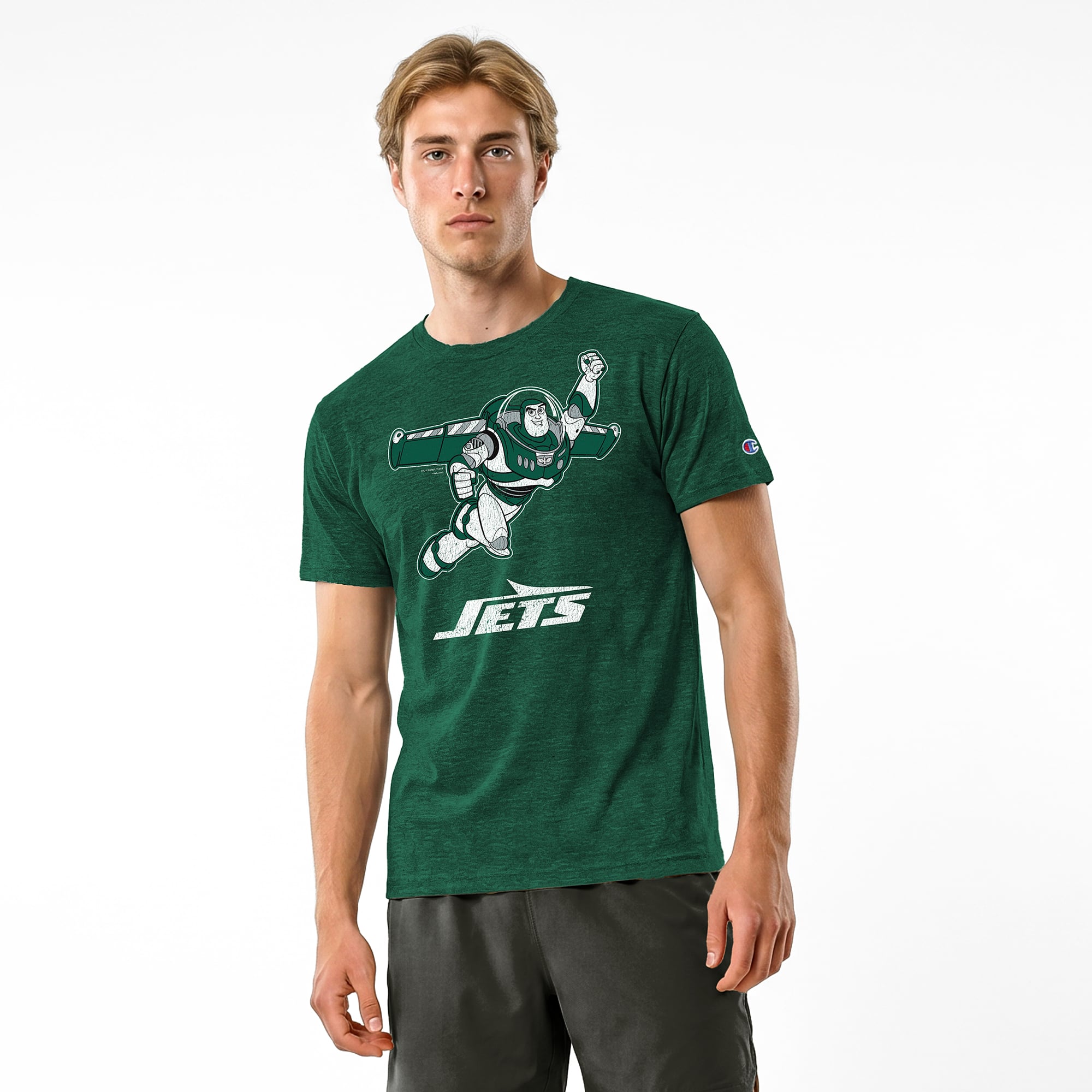 T-shirt homme Disney x Champion vert foncé New York Jets Buzz l'Éclair en mélange de trois matières