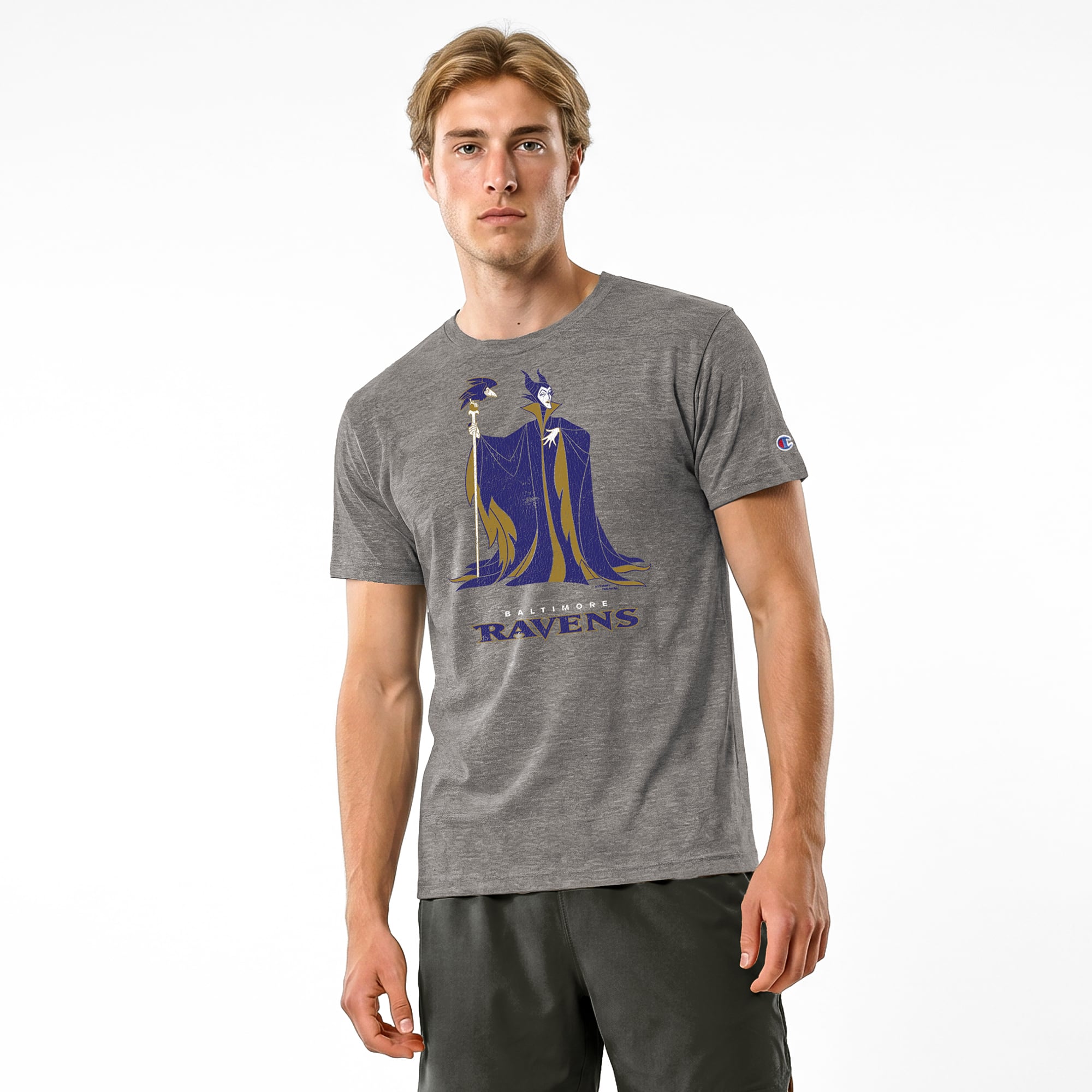 T-shirt homme Disney x Champion gris Baltimore Ravens Maléfique et Diablo en mélange de trois matières