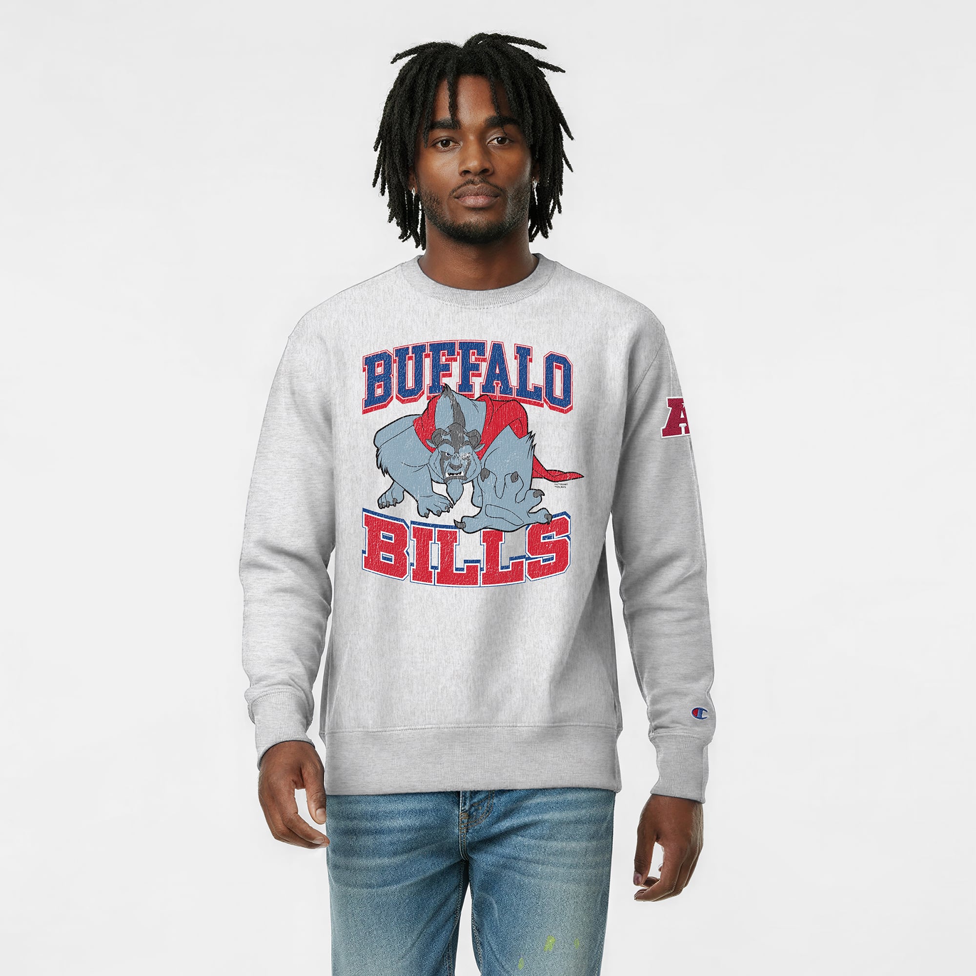 Men's Disney x Champion Heather Gray Buffalo Bills Beast Reverse Weave Sweatshirt