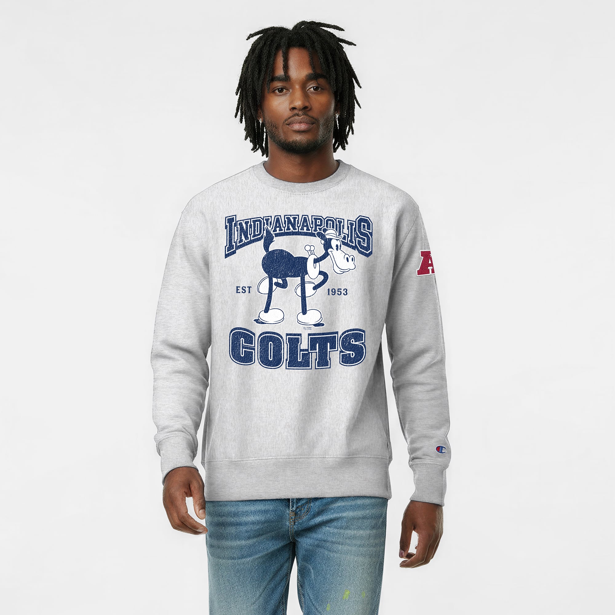 Men's Disney x Champion Heather Gray Indianapolis Colts Horace Horsecollar Reverse Weave Sweatshirt