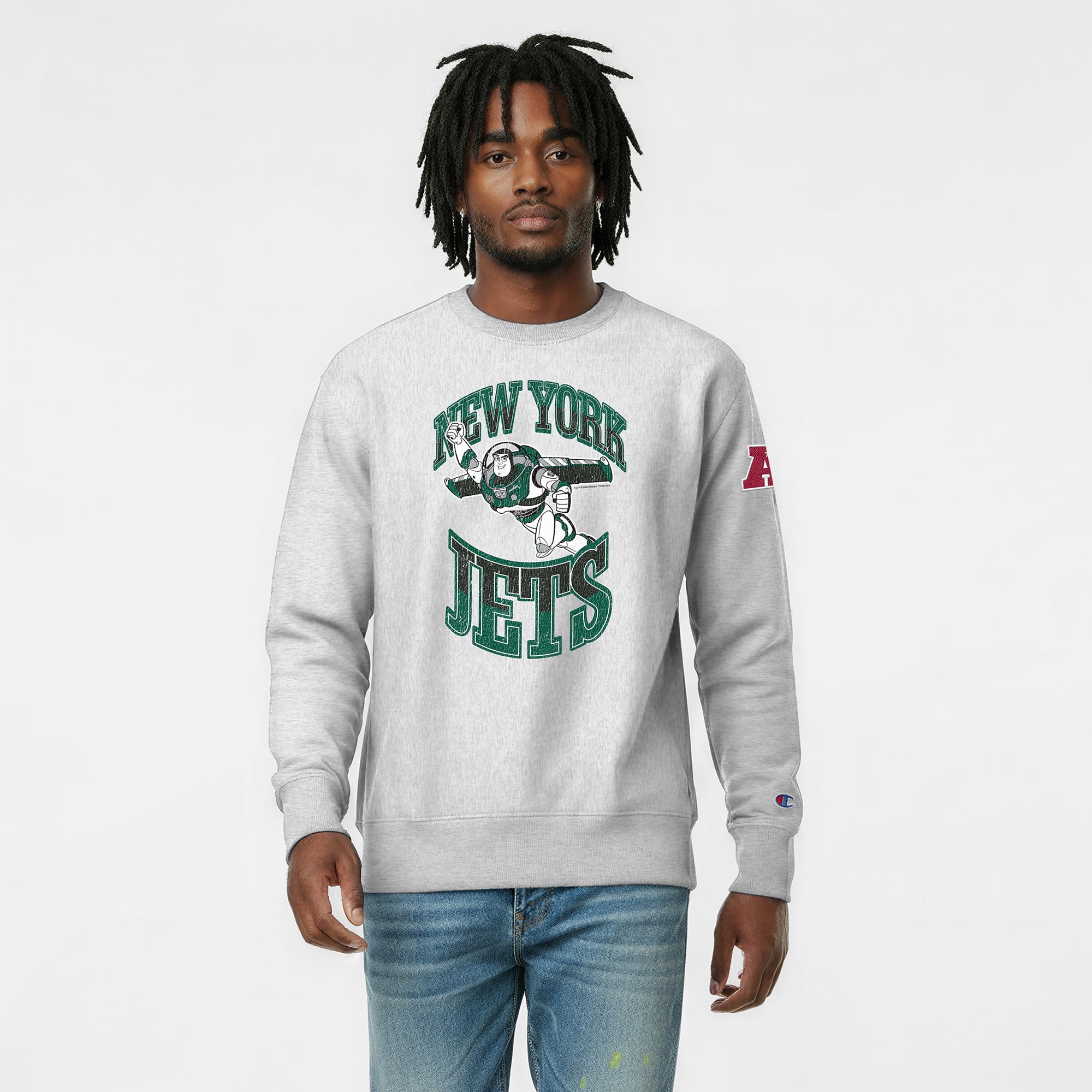 Men's Disney x Champion Heather Gray New York Jets Buzz Lightyear Reverse Weave Sweatshirt