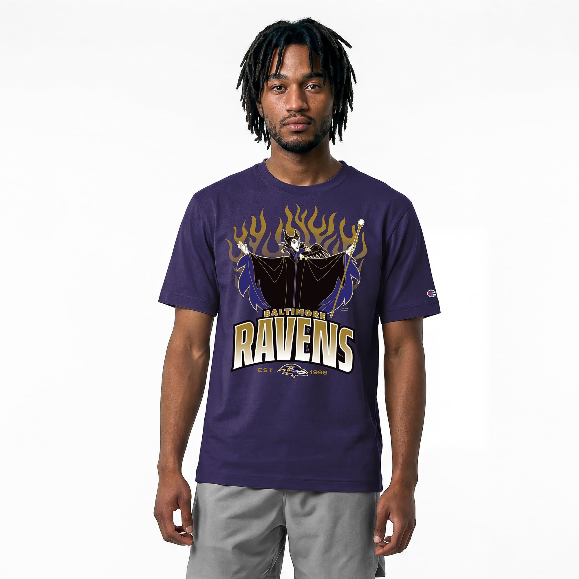 T-shirt homme Disney x Champion violet Baltimore Ravens Maléfique et Diablo All-Star