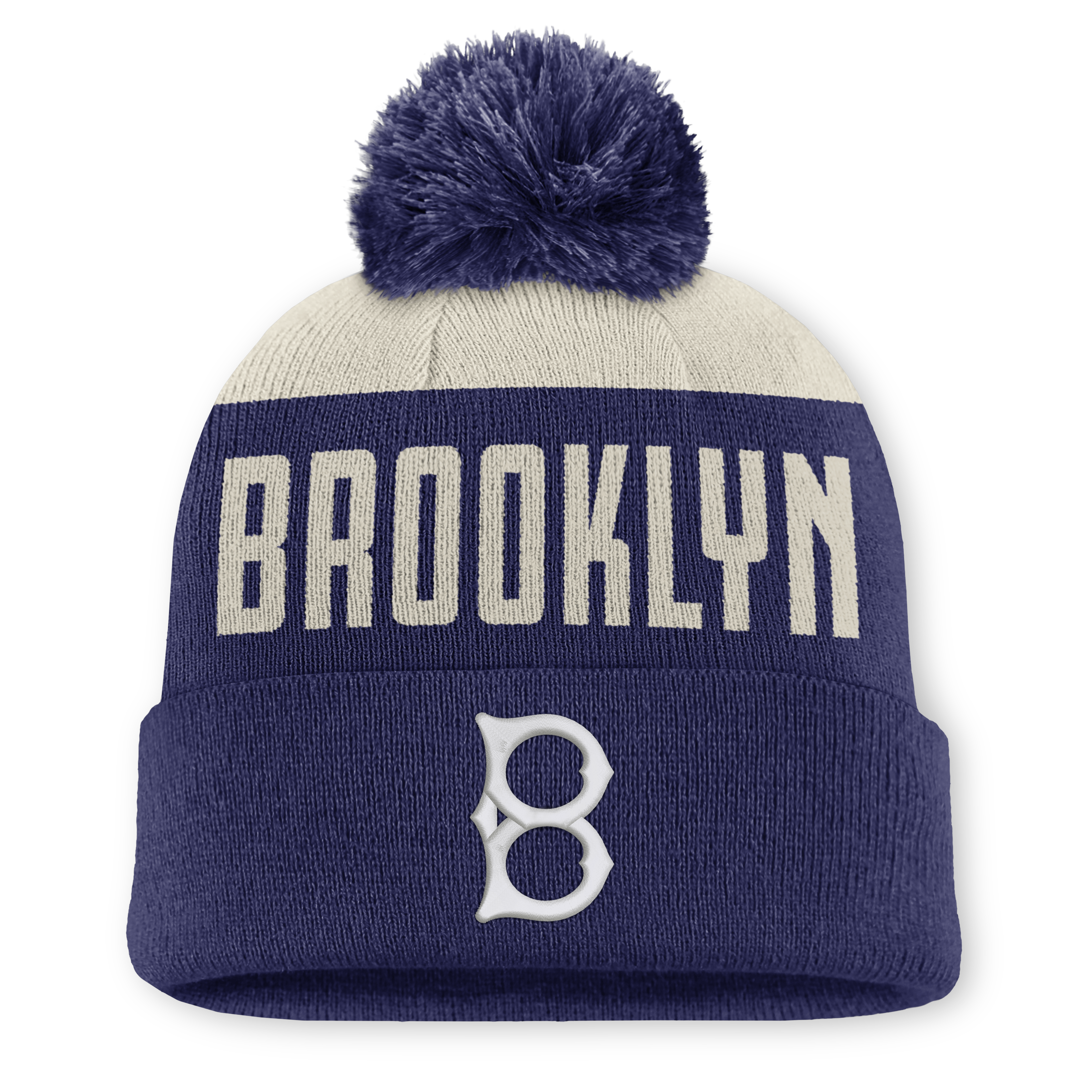 Bonnet à revers Nike Peak Standard pour homme, coloris naturel/marine, Brooklyn Dodgers, collection Cooperstown, avec pompon.