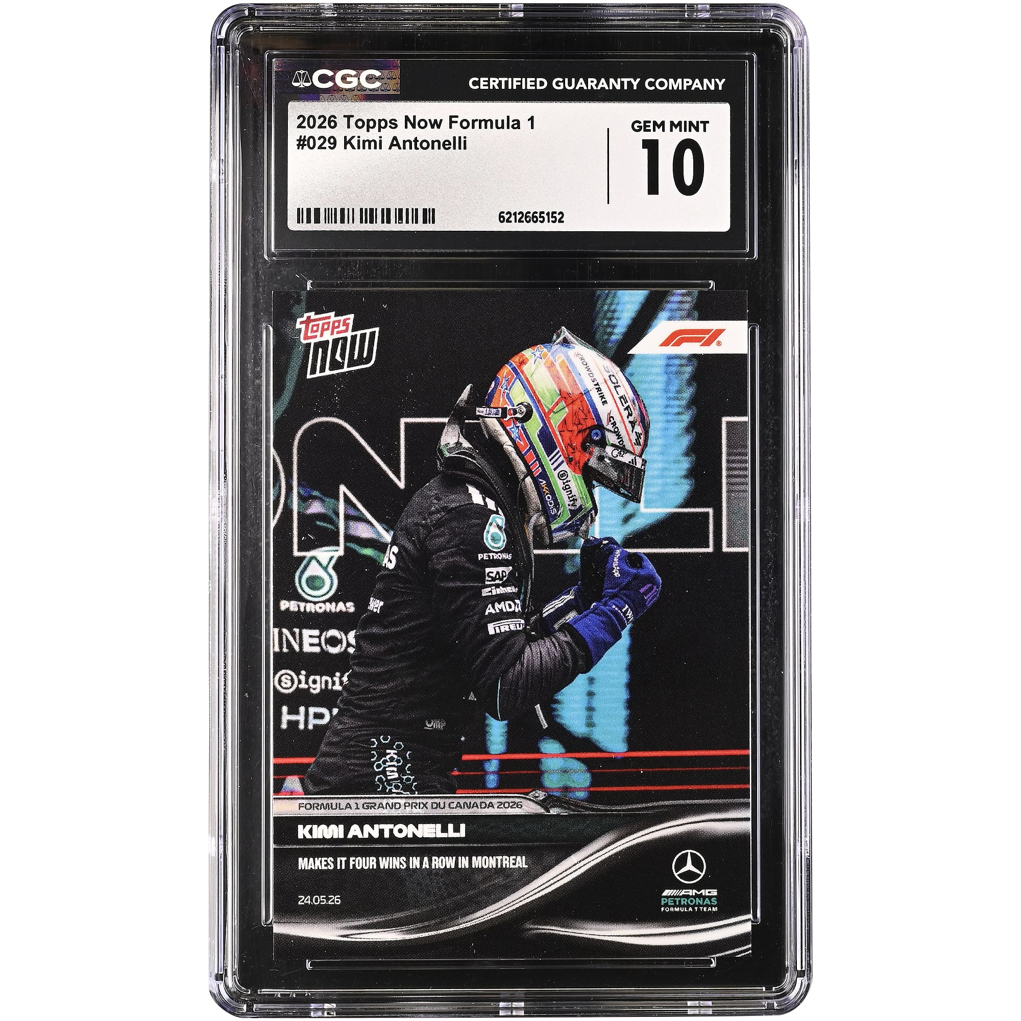 Kimi Antonelli, Mercedes-AMG Petronas F1 Team, carte Topps Now Formula 1 2026 : Quatrième victoire consécutive à Montréal, n° 29, authentifiée CGC, état neuf (GEM MINT 10).