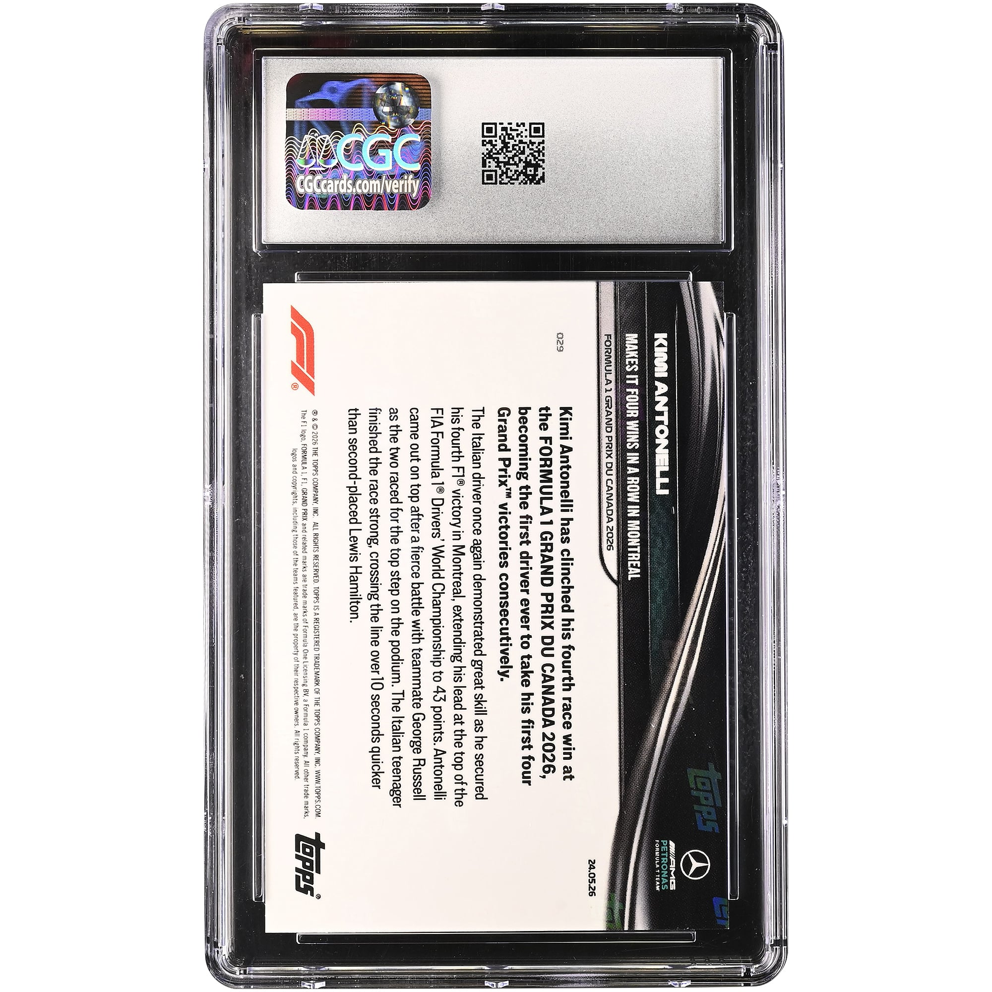 Kimi Antonelli, Mercedes-AMG Petronas F1 Team, carte Topps Now Formula 1 2026 : Quatrième victoire consécutive à Montréal, n° 29, authentifiée CGC, état neuf (GEM MINT 10).